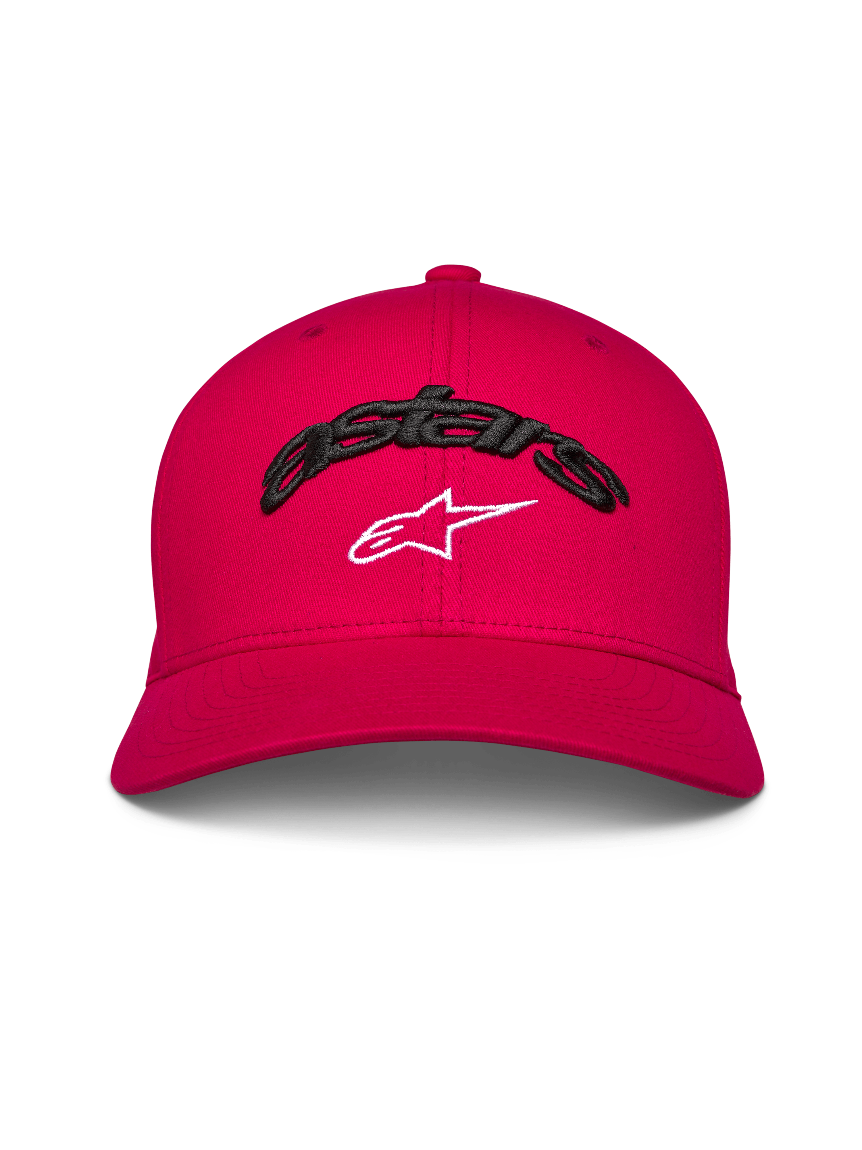 Alpinestars Arcstars pet, rode baseballcap met gebogen klep, zwart 3D geborduurd Astars-tekst met wit sterlogo, gestructureerde kroon, casual motorsport-geïnspireerde hoofdbedekking