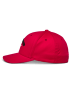 Alpinestars Arcstars pet, rode baseballcap, zijaanzicht, gestructureerde kroon met gebogen klep, zwart 3D Astars borduurwerk, casual motorsport sportkleding