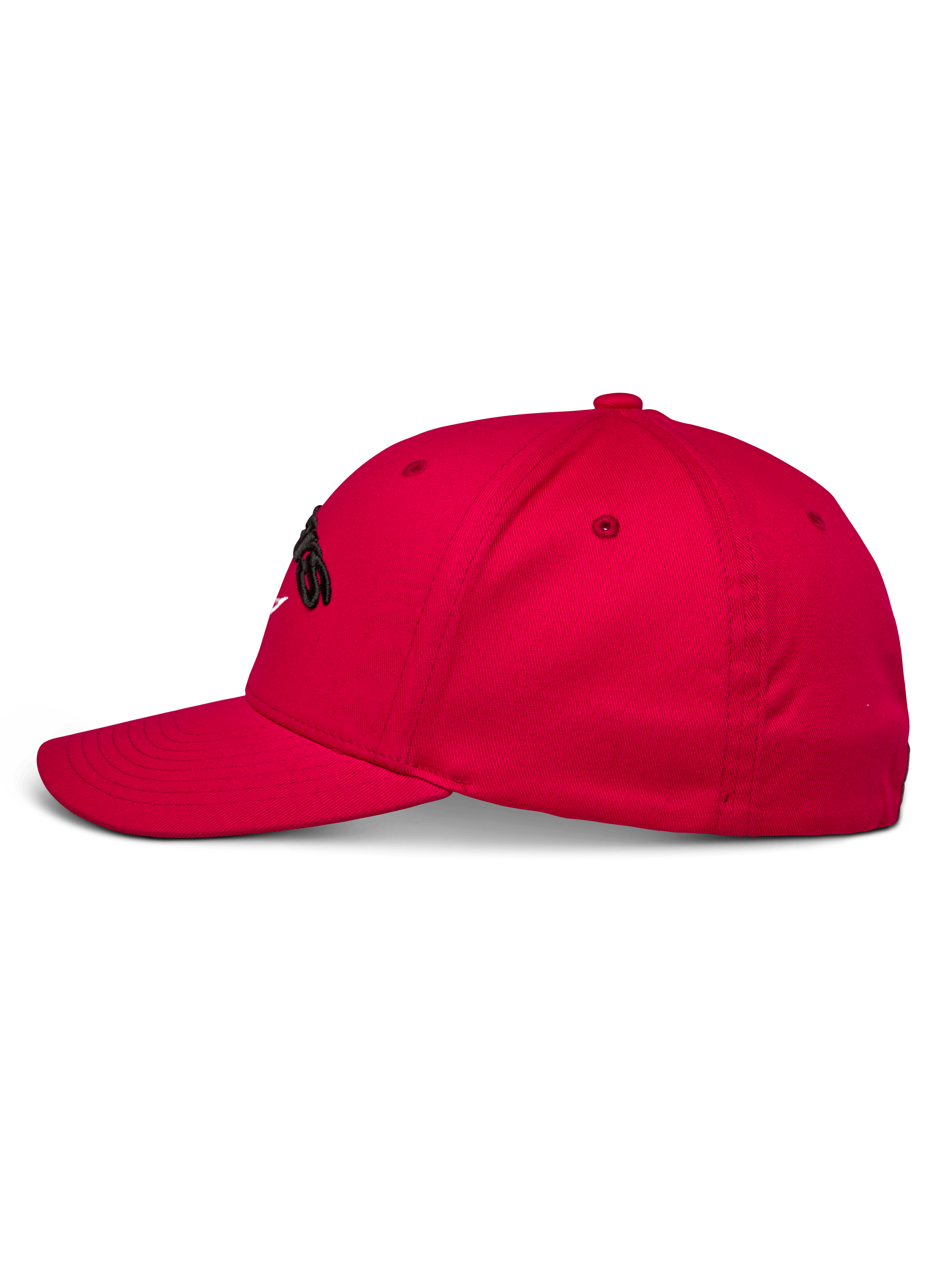 Alpinestars Arcstars pet, rode baseballcap, zijaanzicht, gestructureerde kroon met gebogen klep, zwart 3D Astars borduurwerk, casual motorsport sportkleding