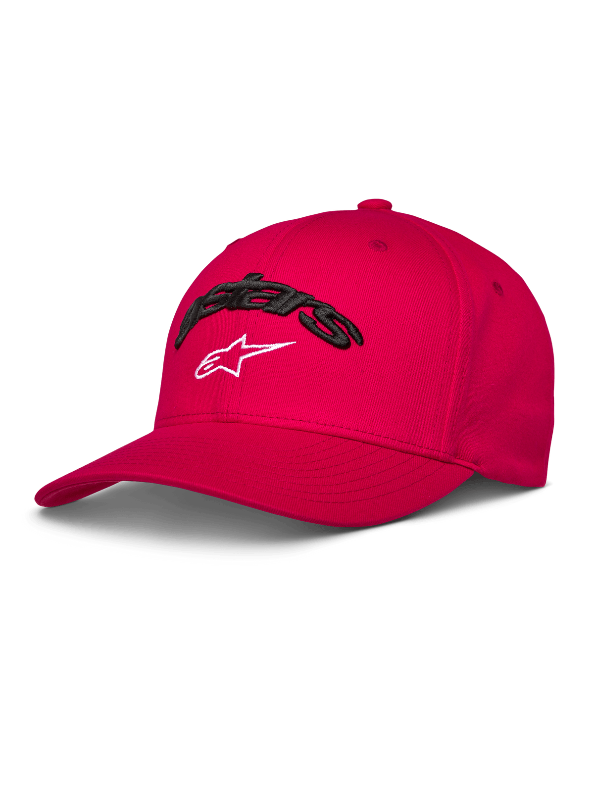 Alpinestars Arcstars pet, rode honkbalpet, gebogen klep en gestructureerde kroon, zwart 3D Astars borduurwerk met wit sterlogo, casual motorsport sportkleding