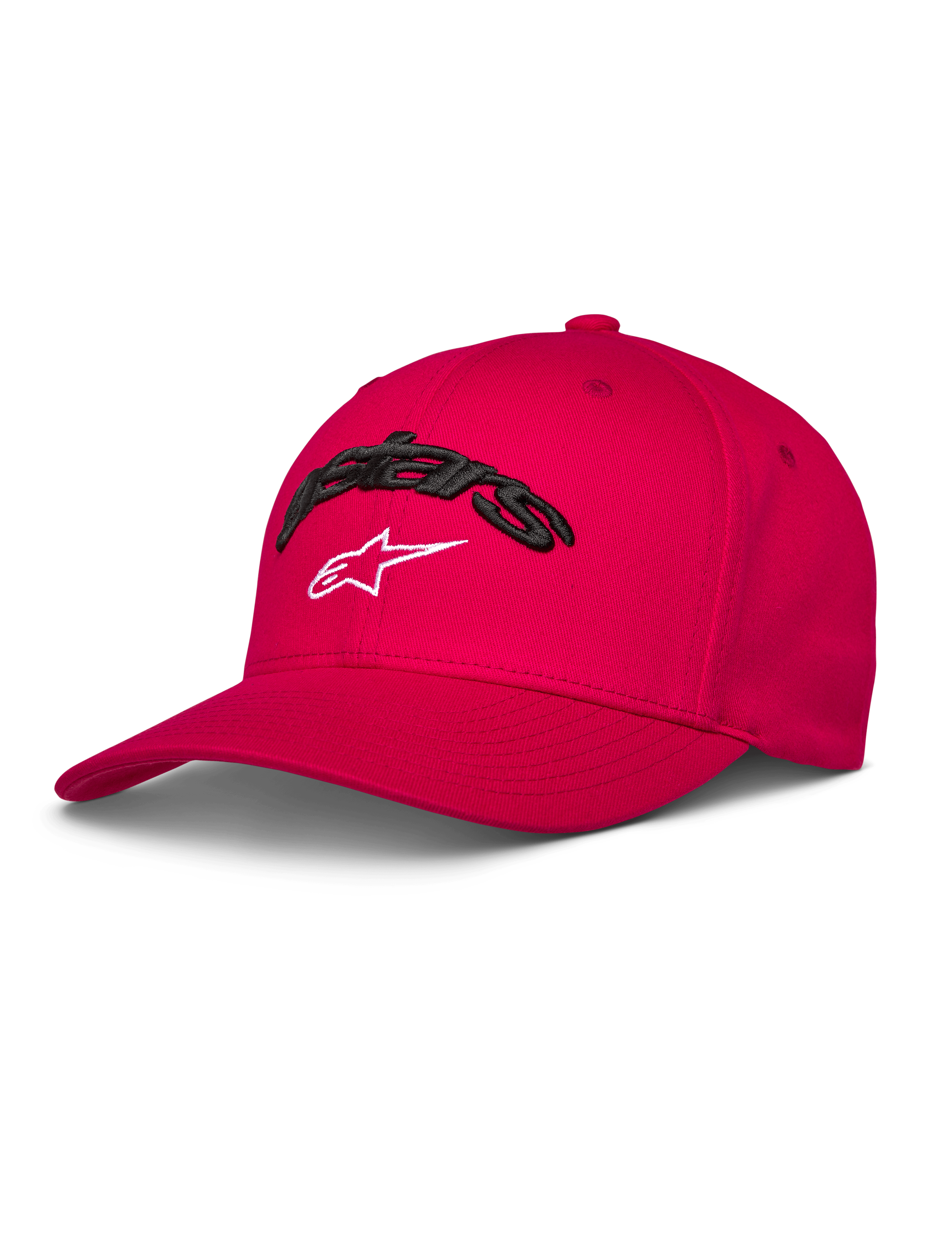 Alpinestars Arcstars pet, rode honkbalpet, gebogen klep en gestructureerde kroon, zwart 3D Astars borduurwerk met wit sterlogo, casual motorsport sportkleding