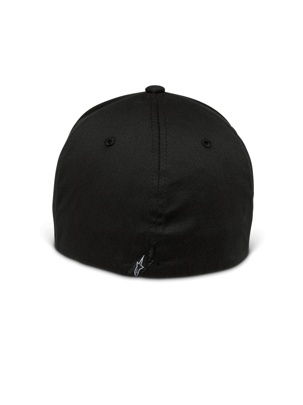 Alpinestars Setting pet, pet met flexibele achterkant, zwart, achteraanzicht met gesloten flex-ontwerp, klein wit geborduurd sterlogo op de onderste naad, gestructureerde kroon van stretch keperstof