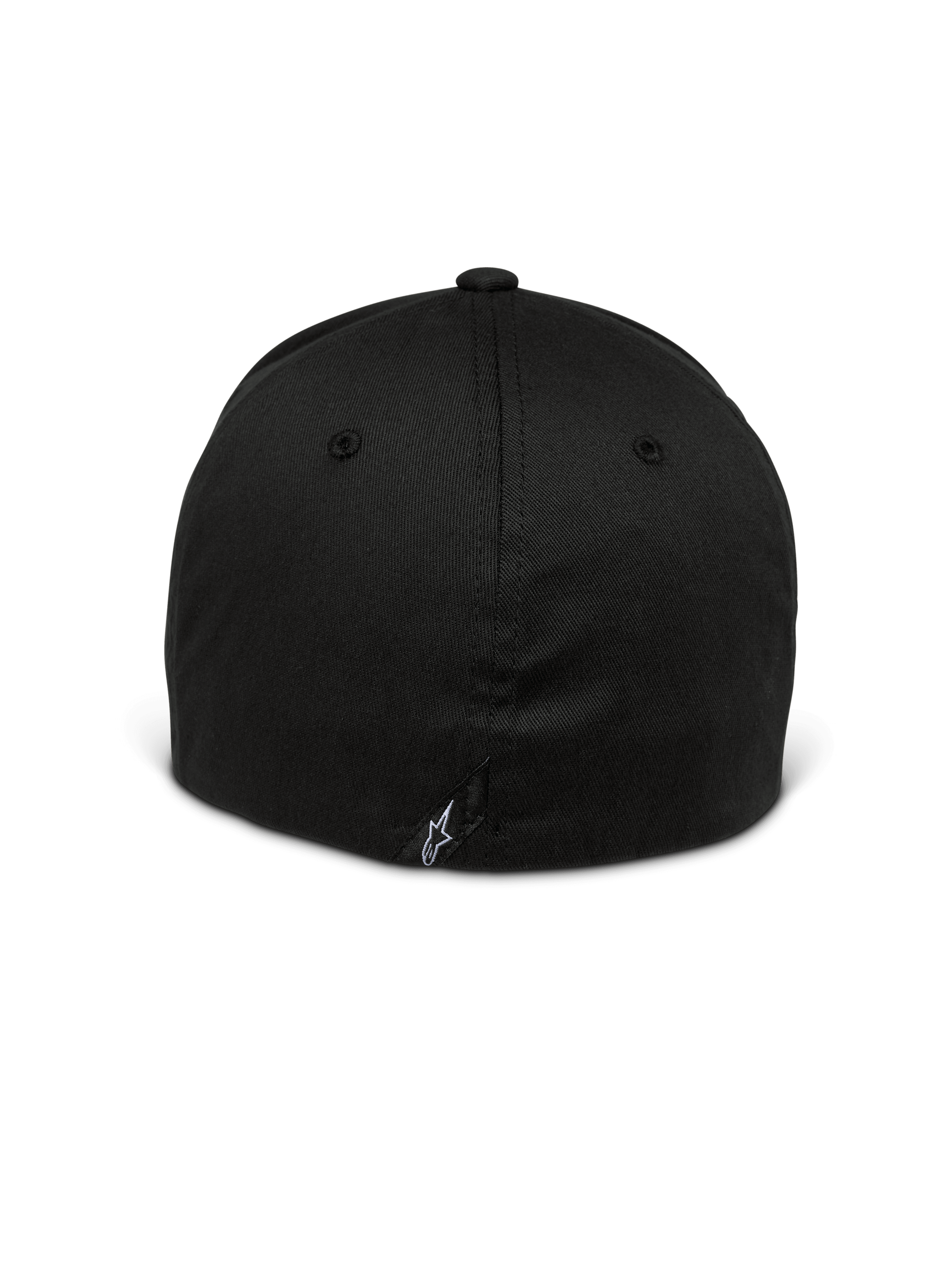 Alpinestars Setting pet, pet met flexibele achterkant, zwart, achteraanzicht met gesloten flex-ontwerp, klein wit geborduurd sterlogo op de onderste naad, gestructureerde kroon van stretch keperstof