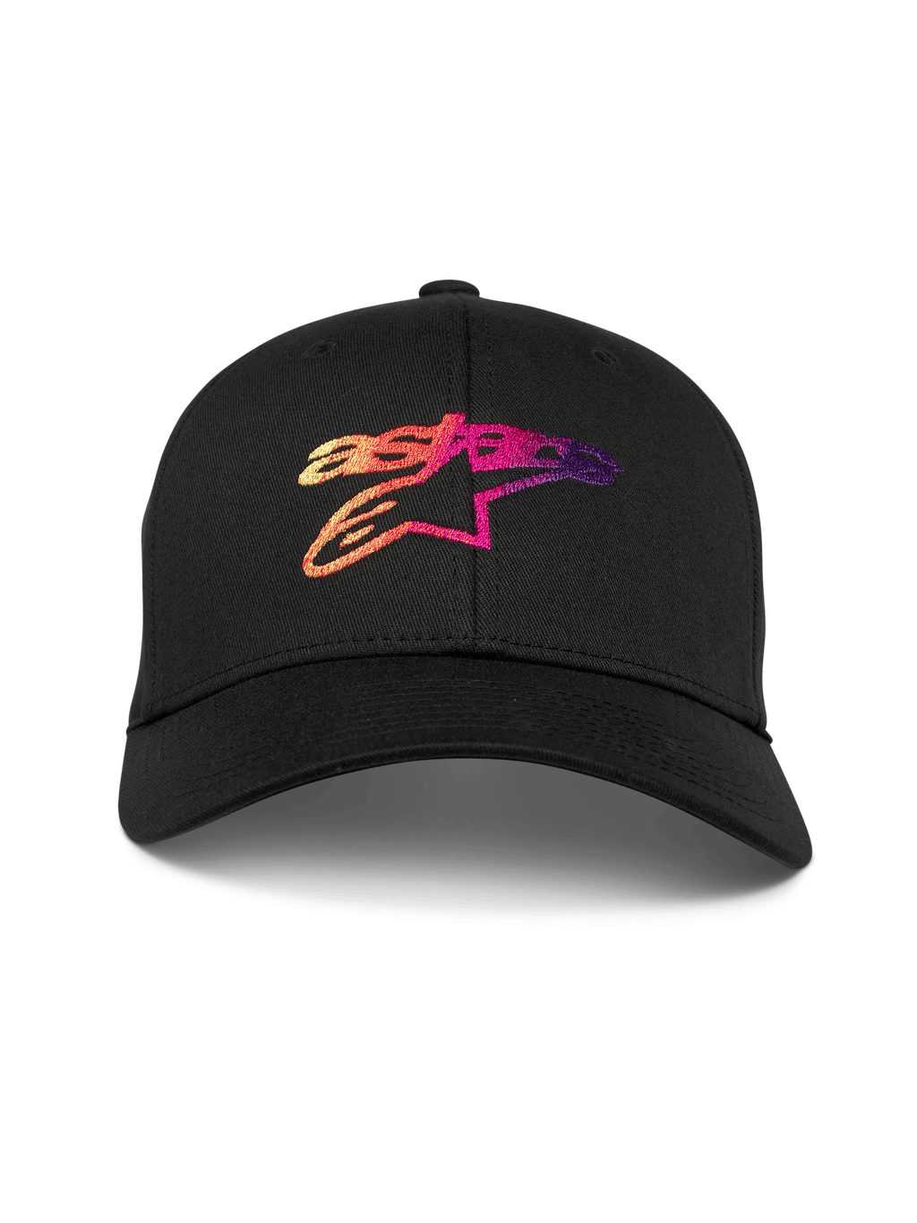 Alpinestars Setting pet, zwarte baseballcap met gebogen klep, 3D-geborduurd Astar-logo met kleurverloop in oranje, roze en paarse tinten, gestructureerde kroon, casual motorsport sportkleding