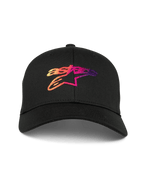 Alpinestars Setting pet, zwarte baseballcap met gebogen klep, 3D-geborduurd Astar-logo met kleurverloop in oranje, roze en paarse tinten, gestructureerde kroon, casual motorsport sportkleding