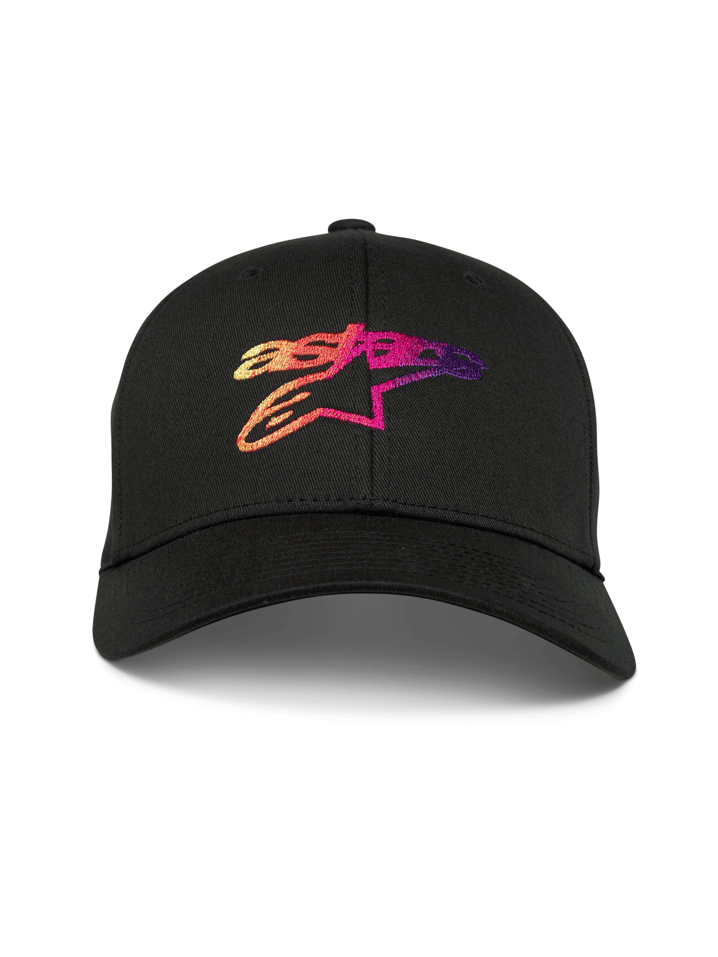 Alpinestars Setting pet, zwarte baseballcap met gebogen klep, 3D-geborduurd Astar-logo met kleurverloop in oranje, roze en paarse tinten, gestructureerde kroon, casual motorsport sportkleding