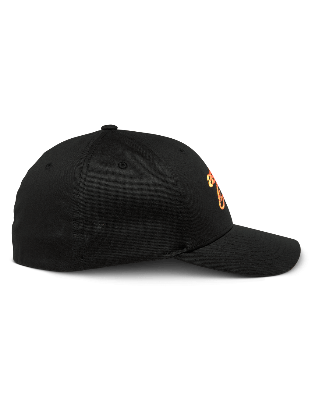 Alpinestars Setting pet, zwarte baseballcap, zijprofiel met gebogen klep en gestructureerde kroon, voorzien van oranje gradatie geborduurd logo, casual sportkleding