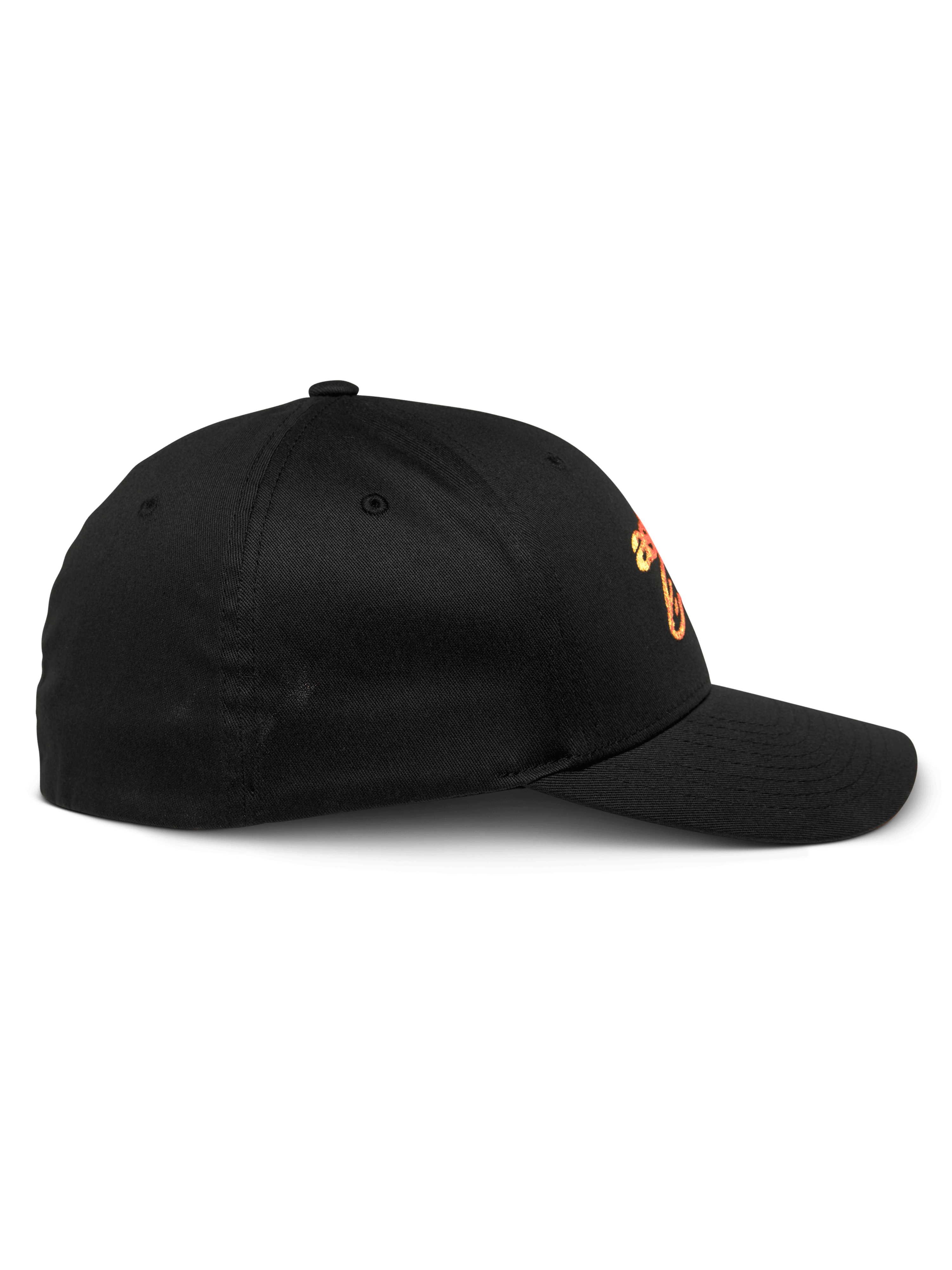 Alpinestars Setting pet, zwarte baseballcap, zijprofiel met gebogen klep en gestructureerde kroon, voorzien van oranje gradatie geborduurd logo, casual sportkleding