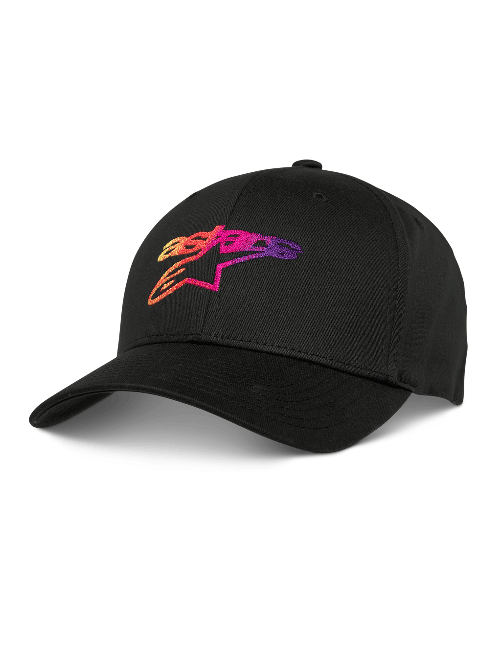 Alpinestars Setting Pet, zwarte baseballcap met 3D gradatie geborduurd logo in oranje, roze en paars, gebogen klep, gestructureerde kroon, casual lifestyle pet