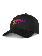 Alpinestars Setting Pet, zwarte baseballcap met 3D gradatie geborduurd logo in oranje, roze en paars, gebogen klep, gestructureerde kroon, casual lifestyle pet