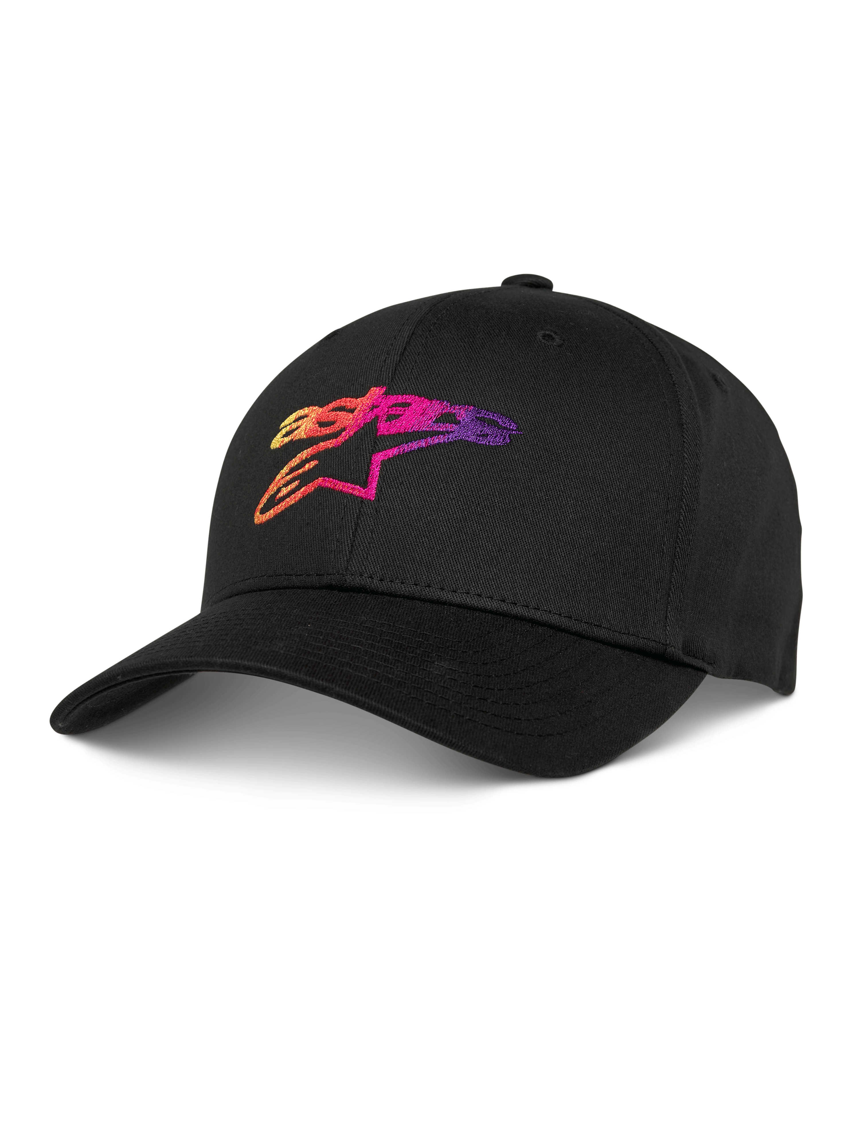 Alpinestars Setting Pet, zwarte baseballcap met 3D gradatie geborduurd logo in oranje, roze en paars, gebogen klep, gestructureerde kroon, casual lifestyle pet