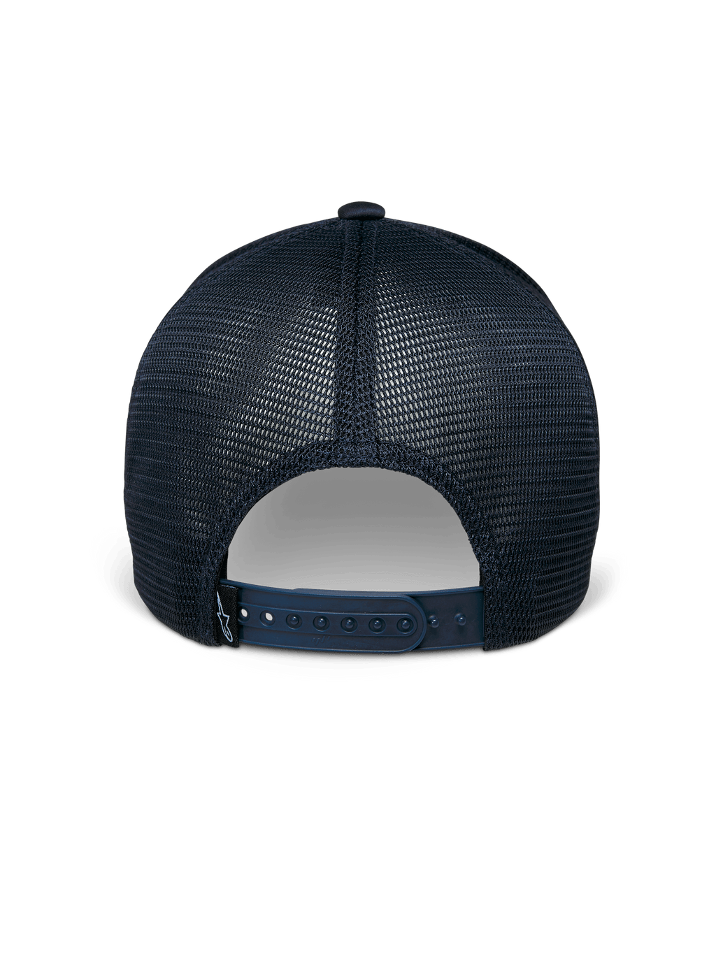 Alpinestars Delane pet, marineblauw, achteraanzicht, voorzien van ademende diamond mesh panelen, verstelbare snapback-sluiting met klein logolabel, casual performance sportswear