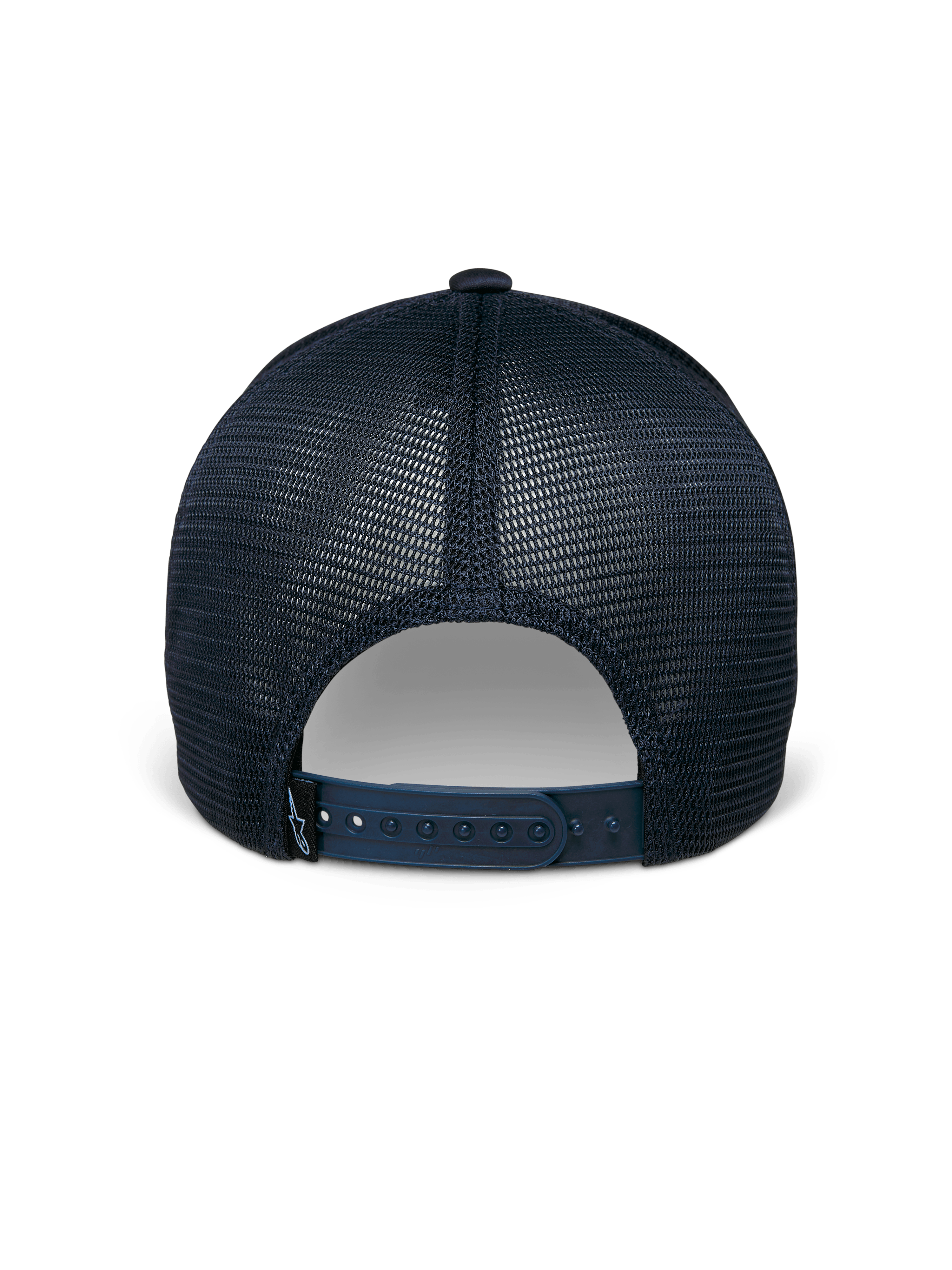 Alpinestars Delane pet, marineblauw, achteraanzicht, voorzien van ademende diamond mesh panelen, verstelbare snapback-sluiting met klein logolabel, casual performance sportswear