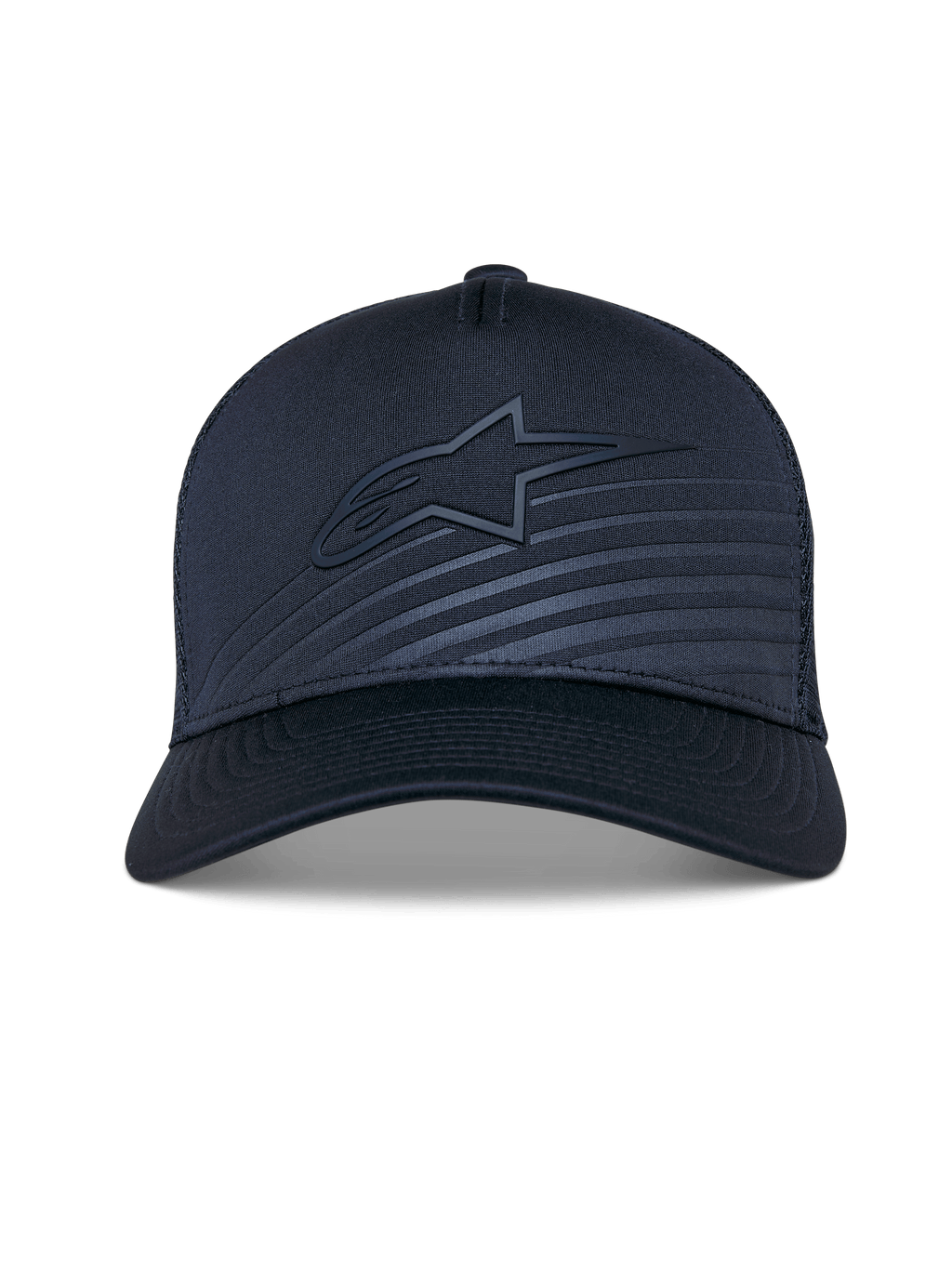 Alpinestars Delane pet, gestructureerde baseballcap, marineblauw, gebogen klep met ton-sur-ton Alpinestars-logo en reflecterende transferpatch, mesh achterkant voor ventilatie, performance sportaccessoire