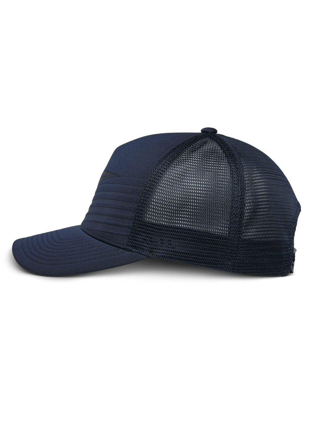 Alpinestars Delane pet, marineblauw, zijprofiel van een gestructureerde baseballpet met een gebogen klep, voorzien van een hybride jersey voorkant met horizontale stiksels en een diamond mesh achterkant, casual performance sportswear