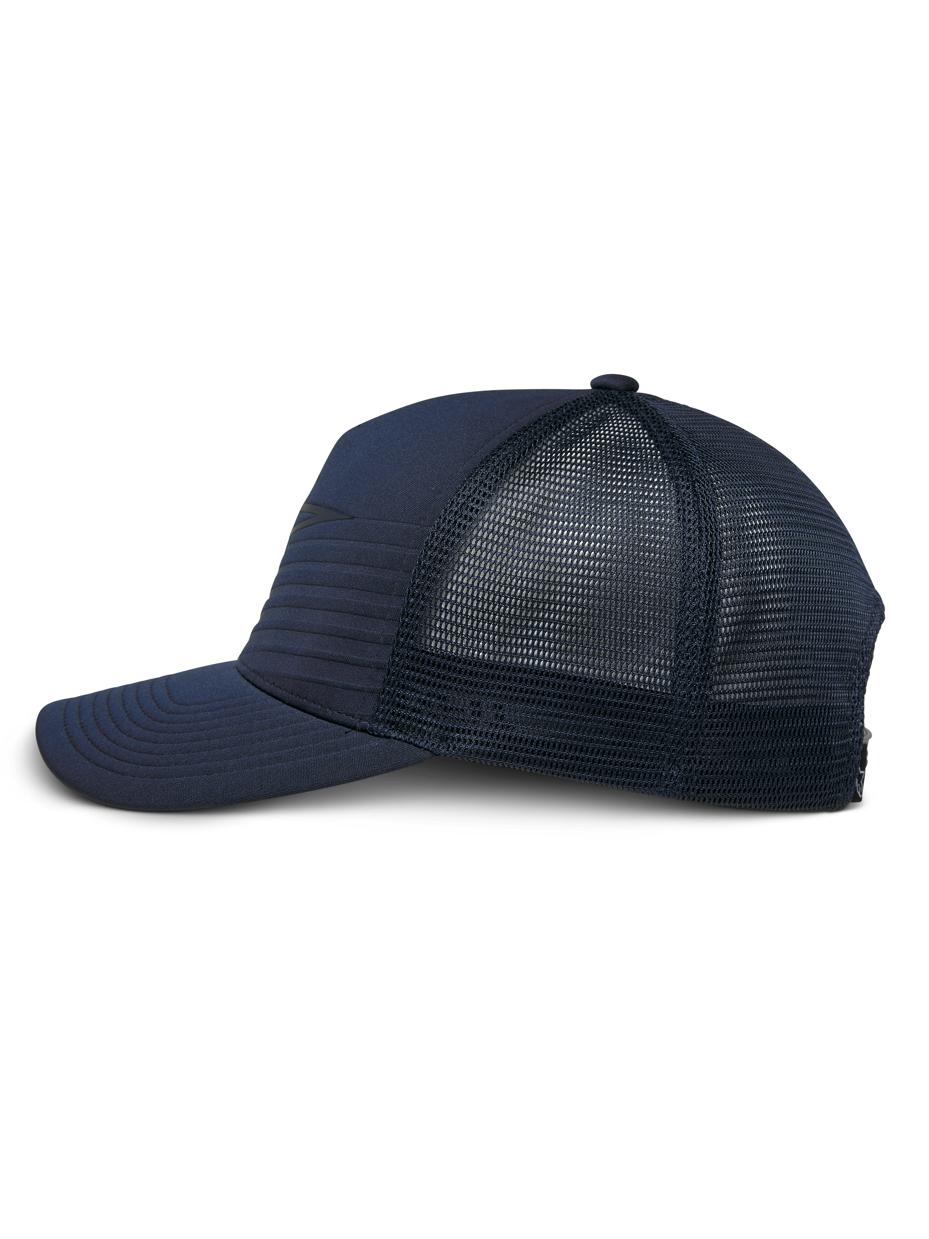Alpinestars Delane pet, marineblauw, zijprofiel van een gestructureerde baseballpet met een gebogen klep, voorzien van een hybride jersey voorkant met horizontale stiksels en een diamond mesh achterkant, casual performance sportswear