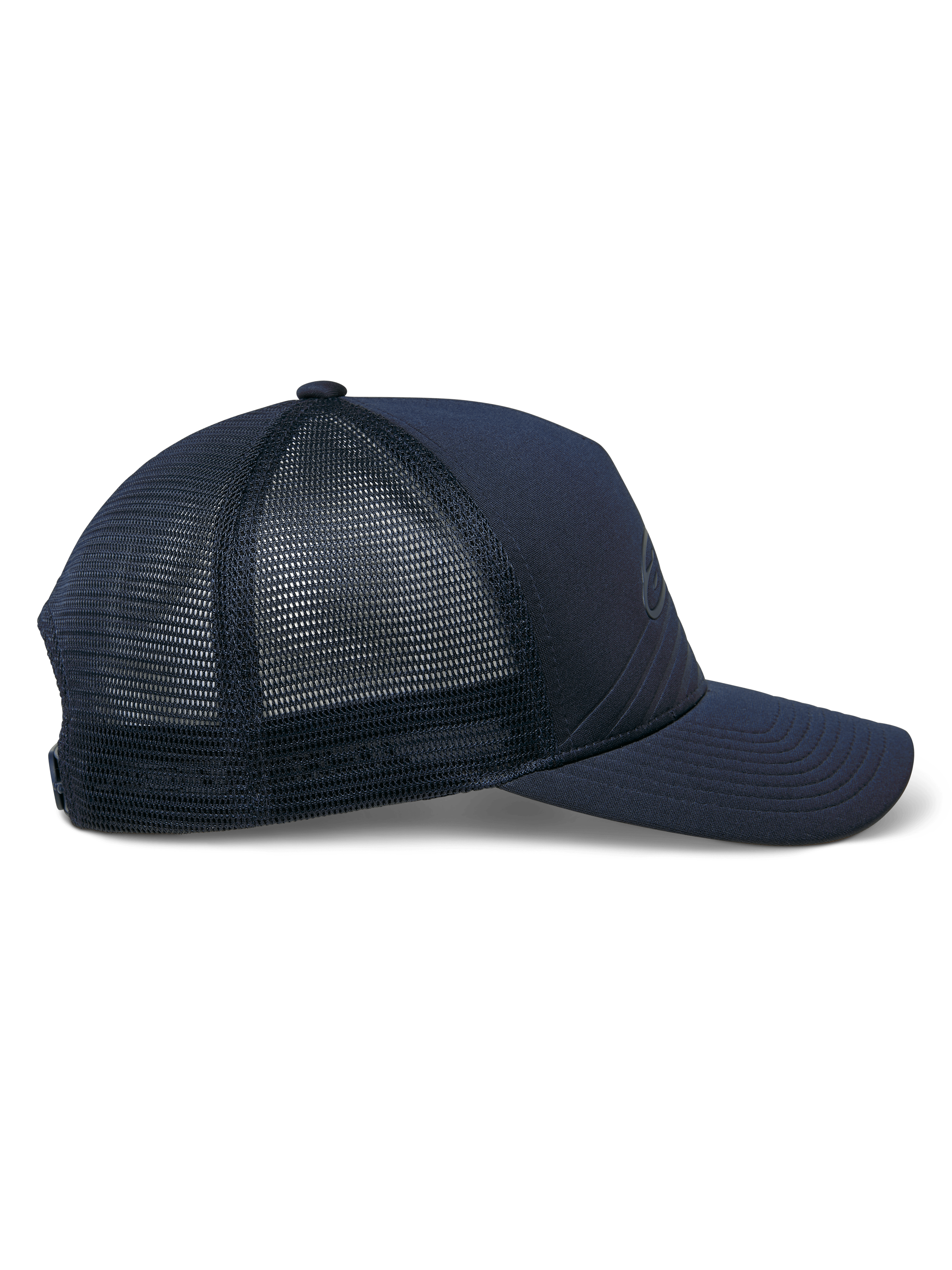 Alpinestars Delane pet, sportswear pet, marineblauw, zijaanzicht met diamond mesh achterkant en jersey voorkant, gebogen klep, gestructureerde kroon