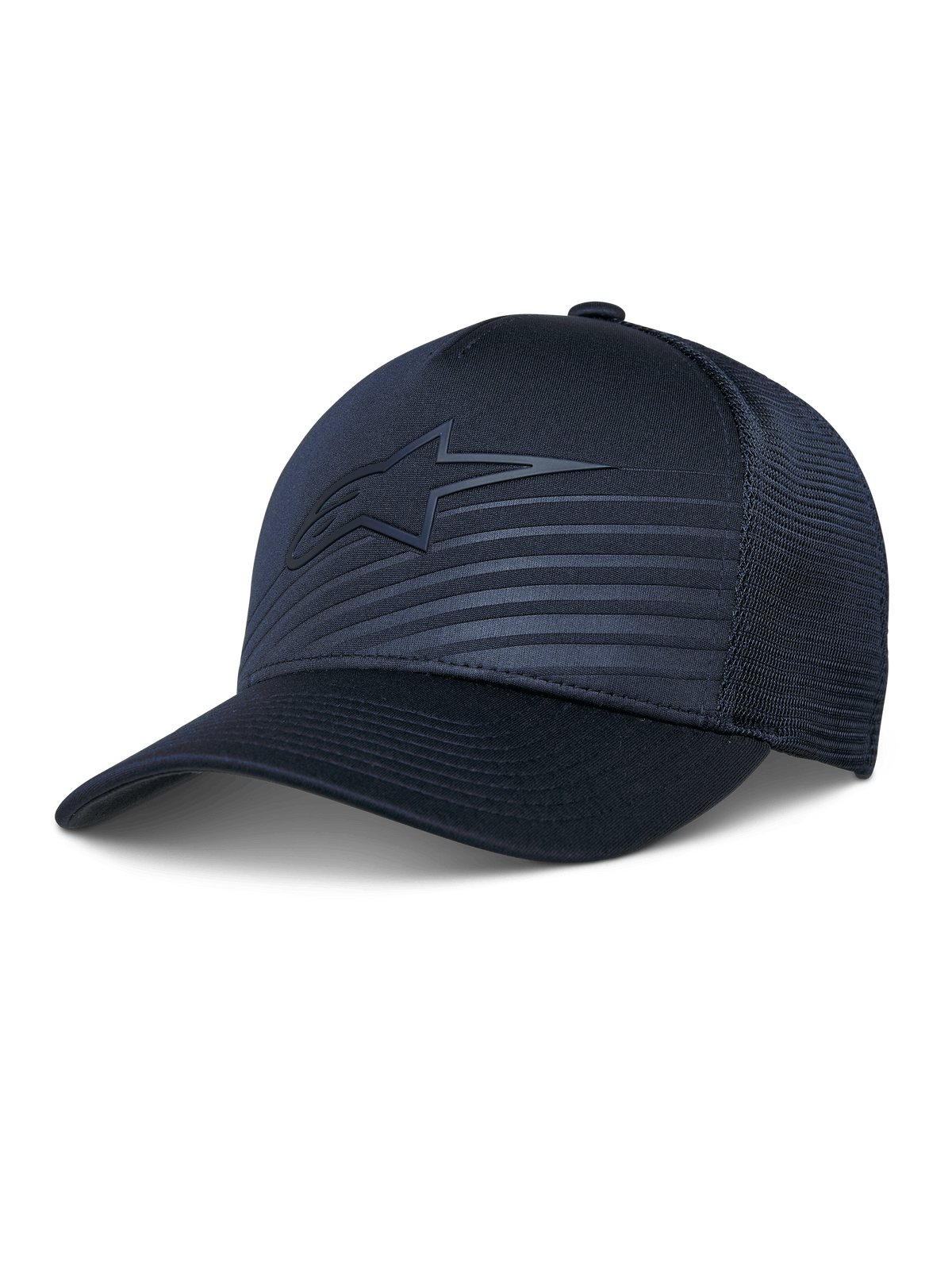 Alpinestars Delane Hat, Performance Baseball-Cap, Dunkelblau, tonales Stern-Logo und reflektierende Linien, strukturierte Krone mit Diamond-Mesh-Rückseite, gebogener Schirm, atmungsaktive Sportbekleidung