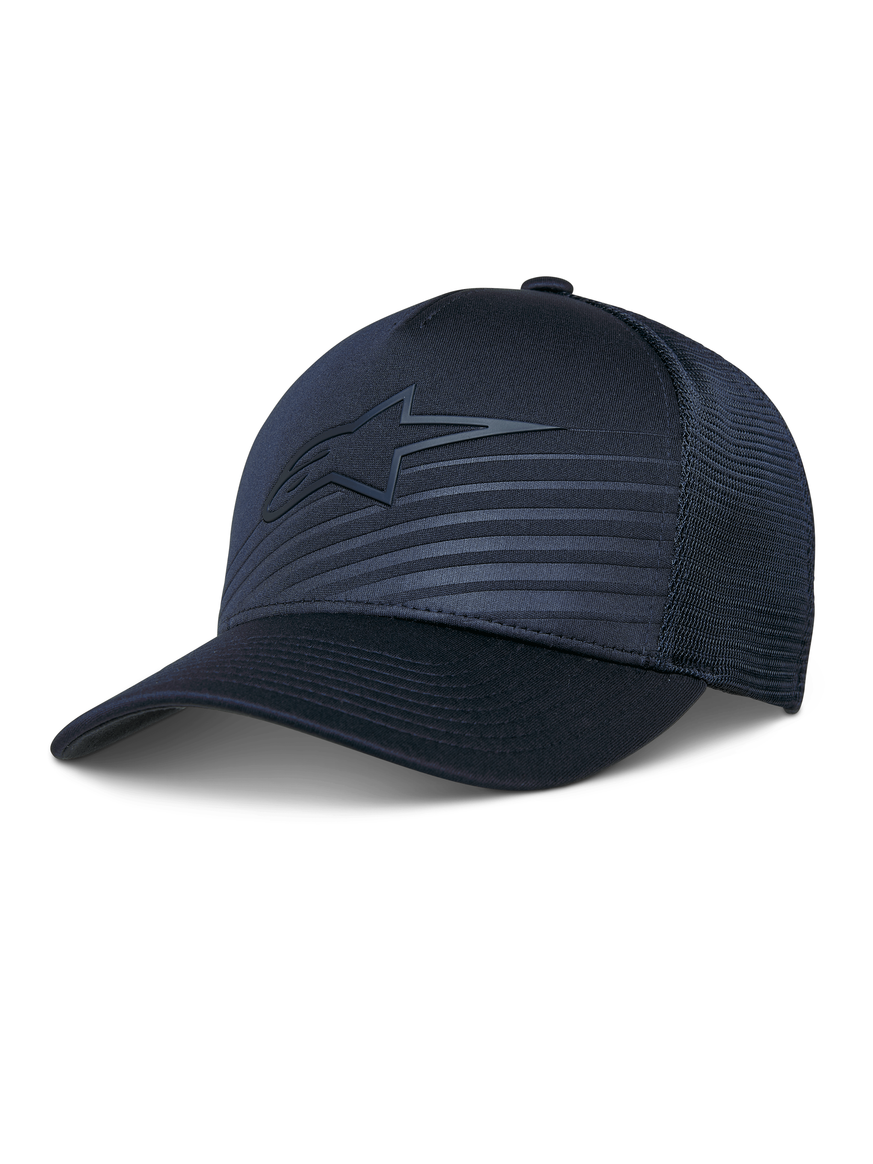 Alpinestars Delane pet, performance baseballcap, donkerblauw, ton-sur-ton sterlogo en reflecterende lijnen, gestructureerde kroon met diamond mesh achterzijde, gebogen klep, ademende sportkleding