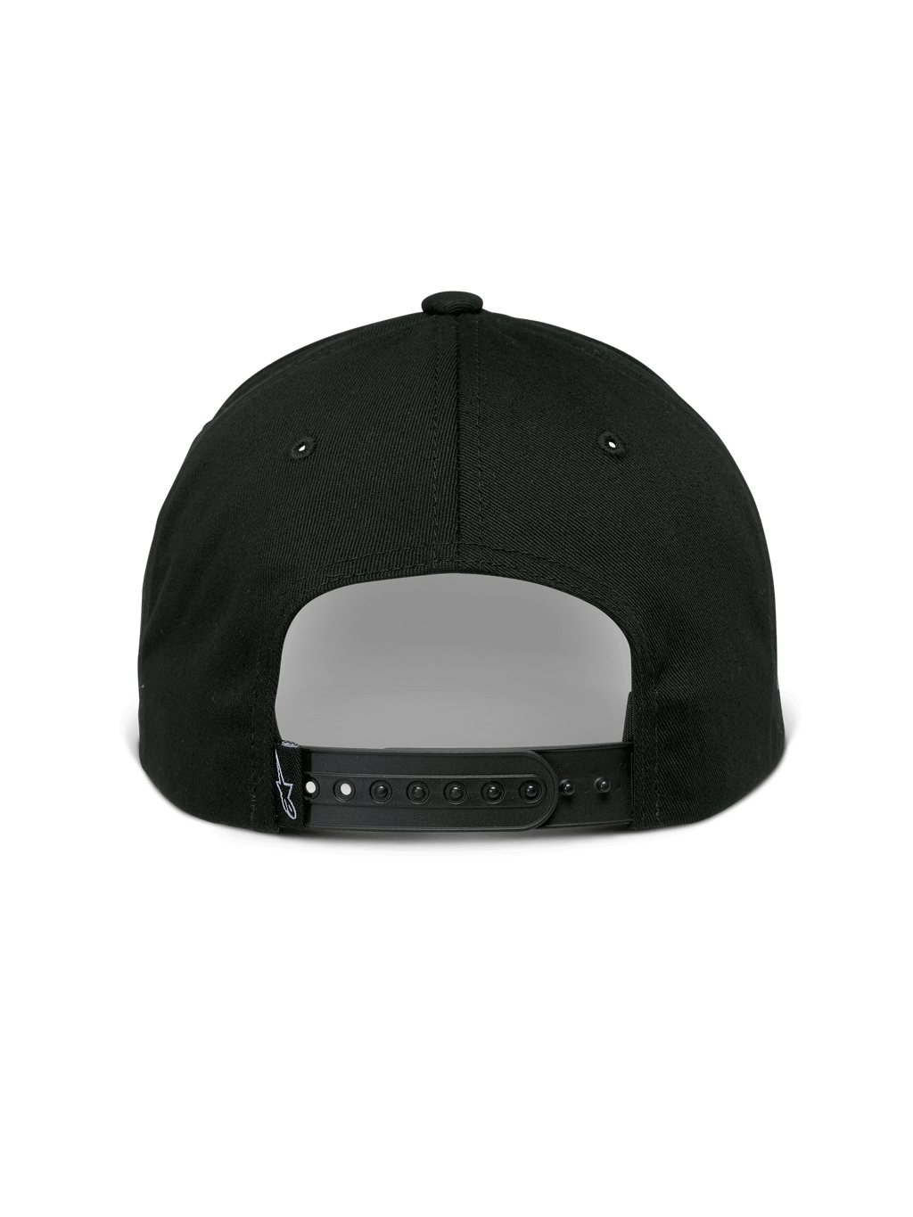 Alpinestars Sessionized pet, snapback-pet, zwart, achteraanzicht met verstelbare sluiting en klein logolabel, katoenen keperstof, casual motorsport-geïnspireerde hoofdbedekking