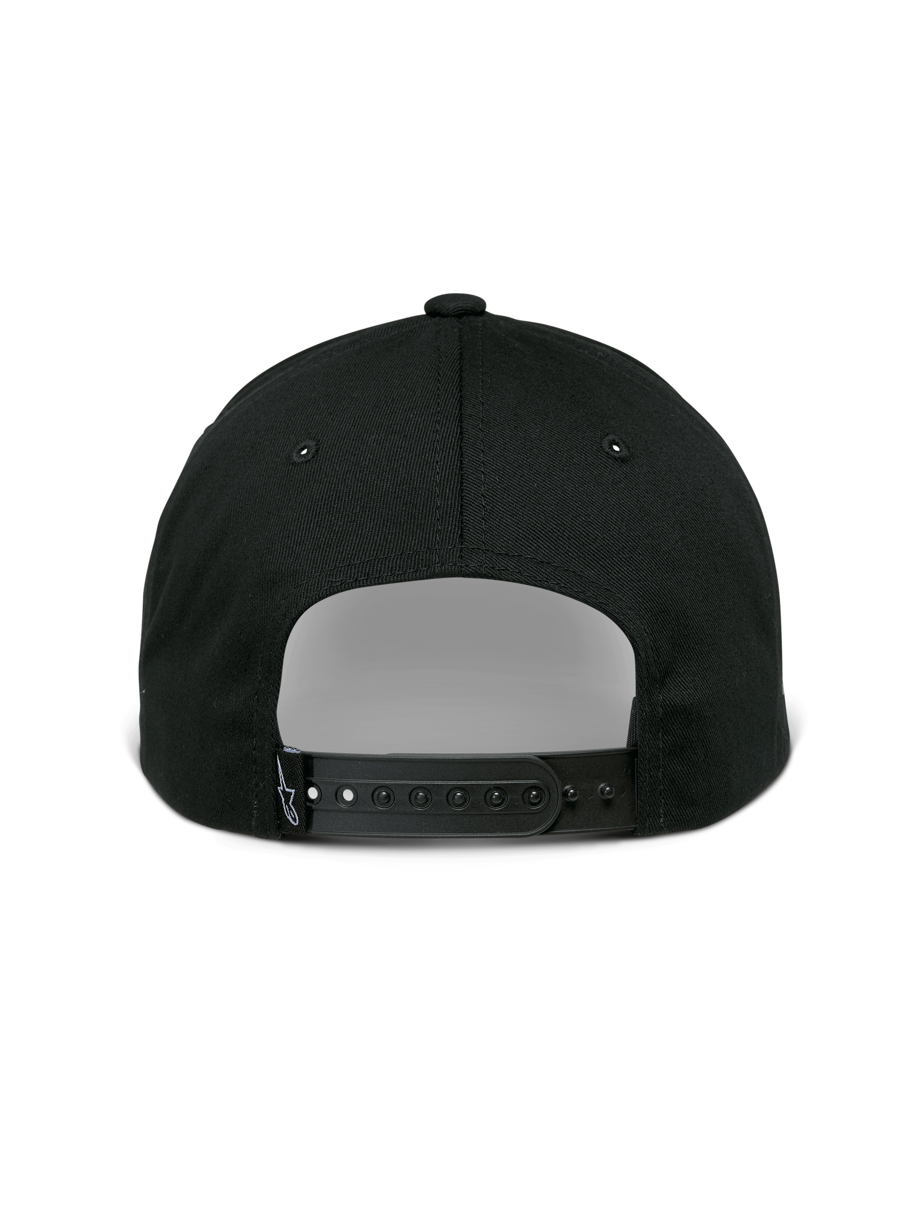 Alpinestars Sessionized pet, snapback-pet, zwart, achteraanzicht met verstelbare sluiting en klein logolabel, katoenen keperstof, casual motorsport-geïnspireerde hoofdbedekking