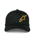 Alpinestars Sessionized pet, zwarte snapback cap met gebogen klep, goud 3D geborduurd Astars-logo linksvoor, gestructureerd ontwerp van katoenen keperstof, casual motorsport-hoofddeksel