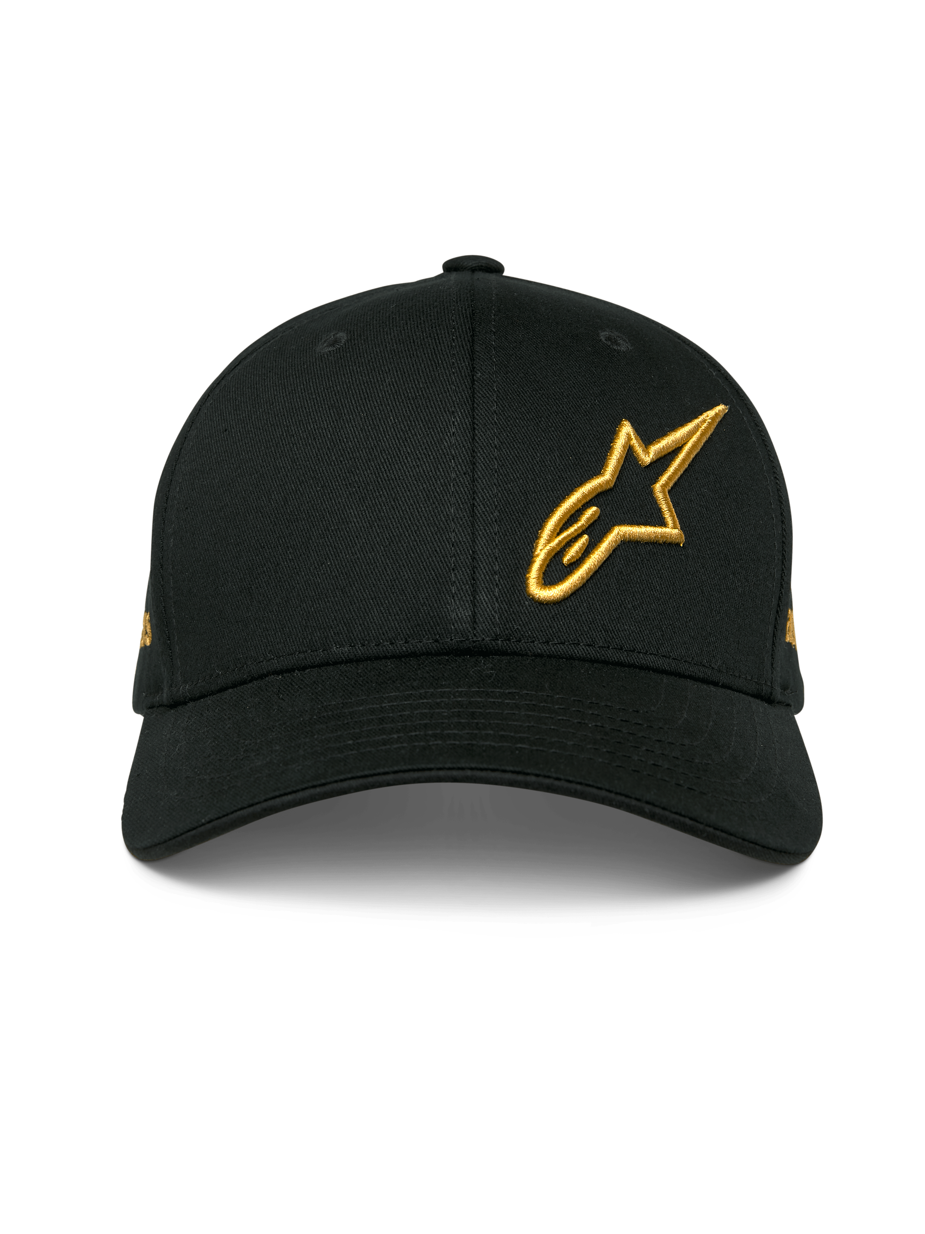 Alpinestars Sessionized pet, zwarte snapback cap met gebogen klep, goud 3D geborduurd Astars-logo linksvoor, gestructureerd ontwerp van katoenen keperstof, casual motorsport-hoofddeksel