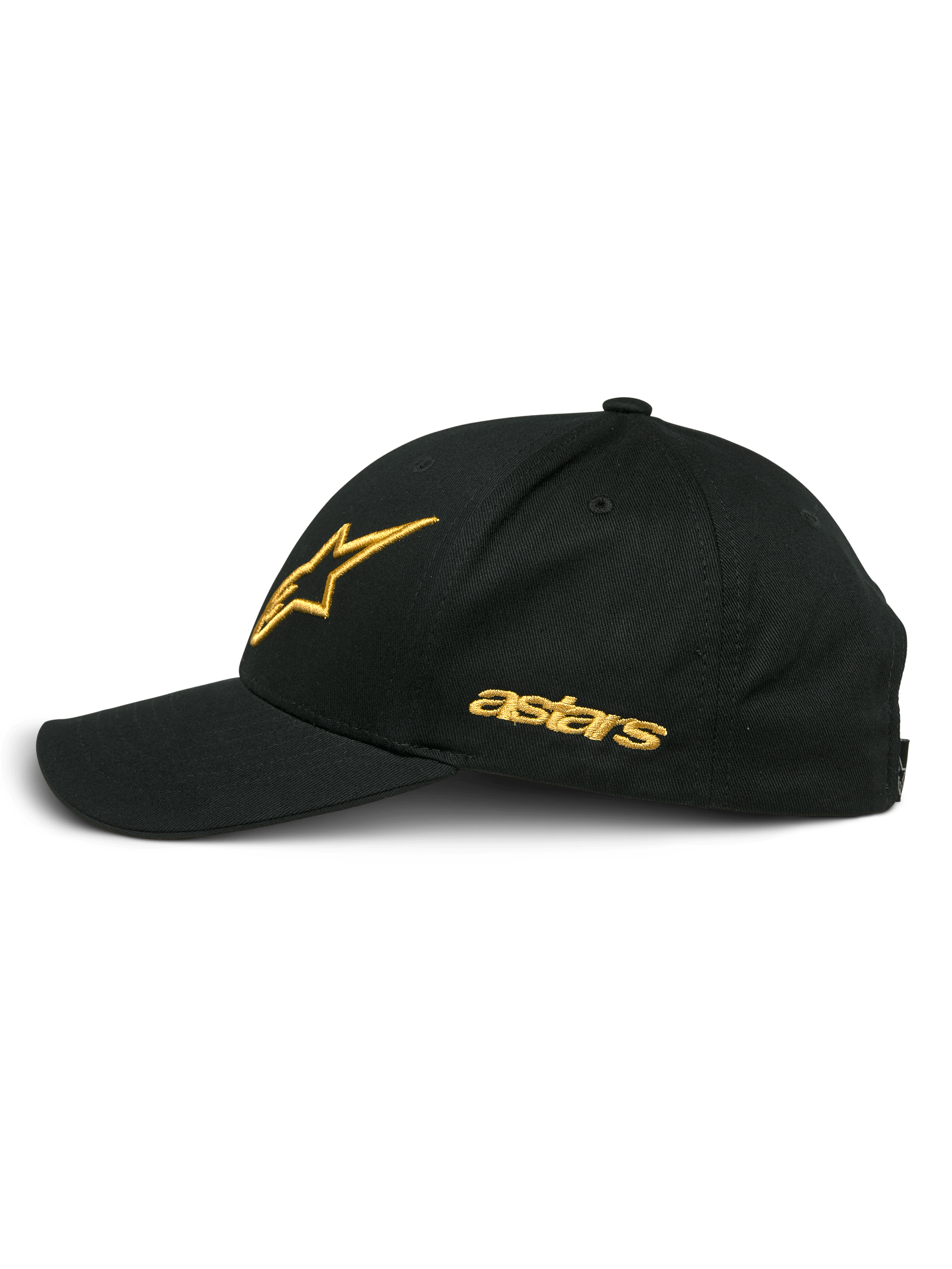 Alpinestars Sessionized pet, zwart en goud, zijaanzicht met goud geborduurd sterlogo en astars tekst, gebogen klep, gestructureerde kroon, casual motorsport-geïnspireerde hoofdbedekking.
