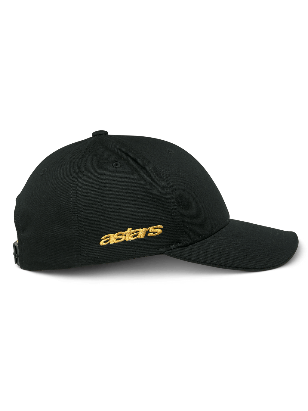 Alpinestars Sessionized pet, zijaanzicht van zwarte snapback cap, goudkleurig plat Astars borduurwerk aan de zijkant, gestructureerde kroon met gebogen klep, casual motorsport-geïnspireerde hoofdbedekking