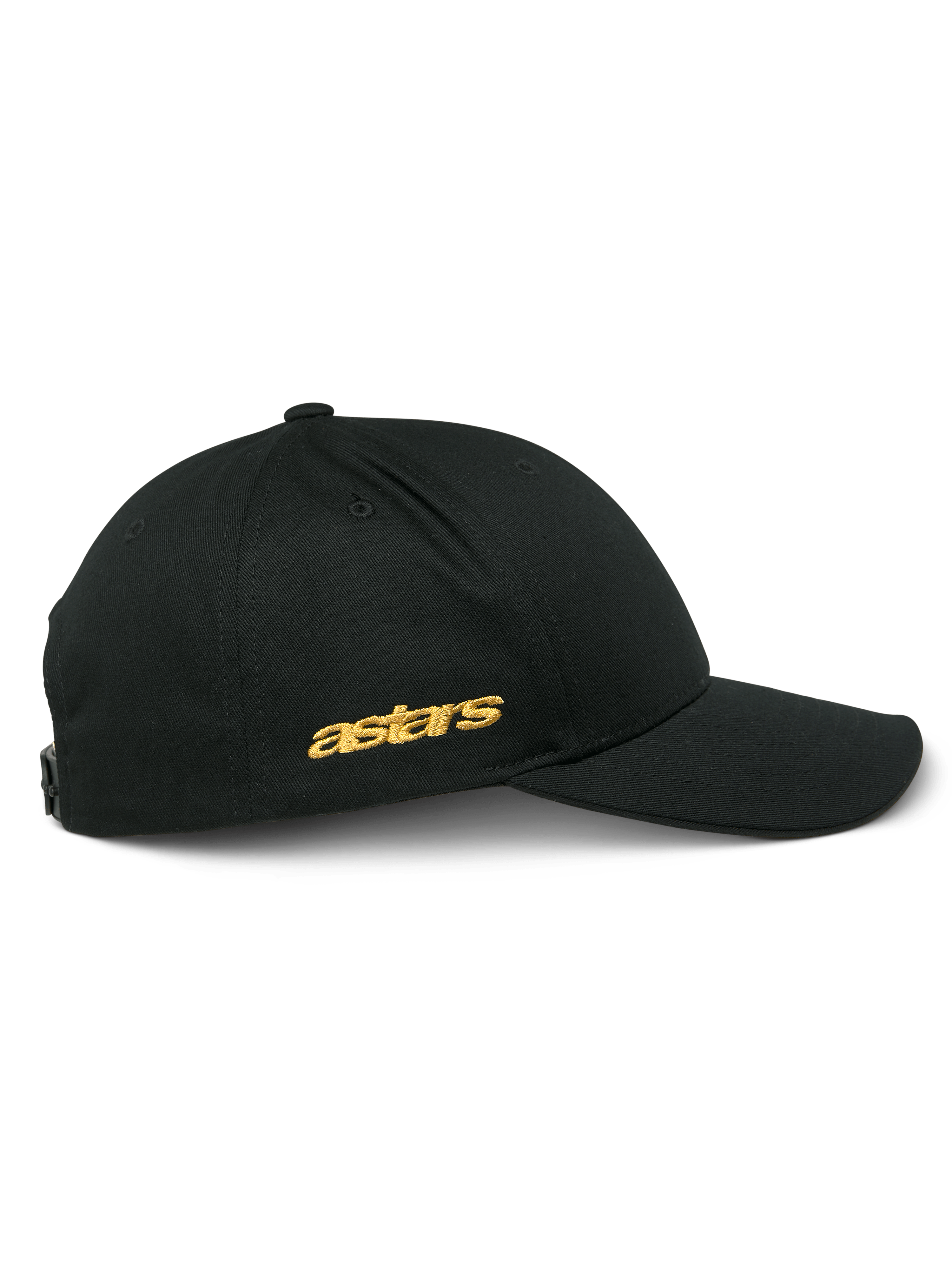 Alpinestars Sessionized pet, zijaanzicht van zwarte snapback cap, goudkleurig plat Astars borduurwerk aan de zijkant, gestructureerde kroon met gebogen klep, casual motorsport-geïnspireerde hoofdbedekking