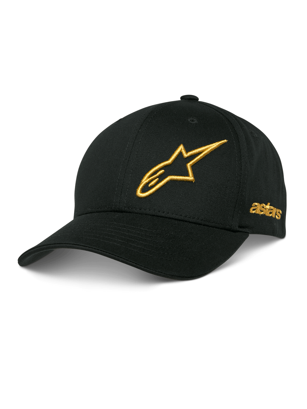 Alpinestars Sessionized pet, zwarte baseballcap, goudkleurig 3D-geborduurd sterlogo, gebogen klep, 'astars' borduurwerk aan de zijkant, casual motorsport hoofdbedekking
