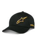 Alpinestars Sessionized pet, zwarte baseballcap, goudkleurig 3D-geborduurd sterlogo, gebogen klep, 'astars' borduurwerk aan de zijkant, casual motorsport hoofdbedekking