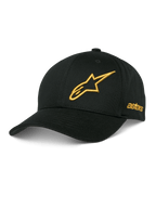 Alpinestars Sessionized pet, zwarte baseballcap, goudkleurig 3D-geborduurd sterlogo, gebogen klep, 'astars' borduurwerk aan de zijkant, casual motorsport hoofdbedekking