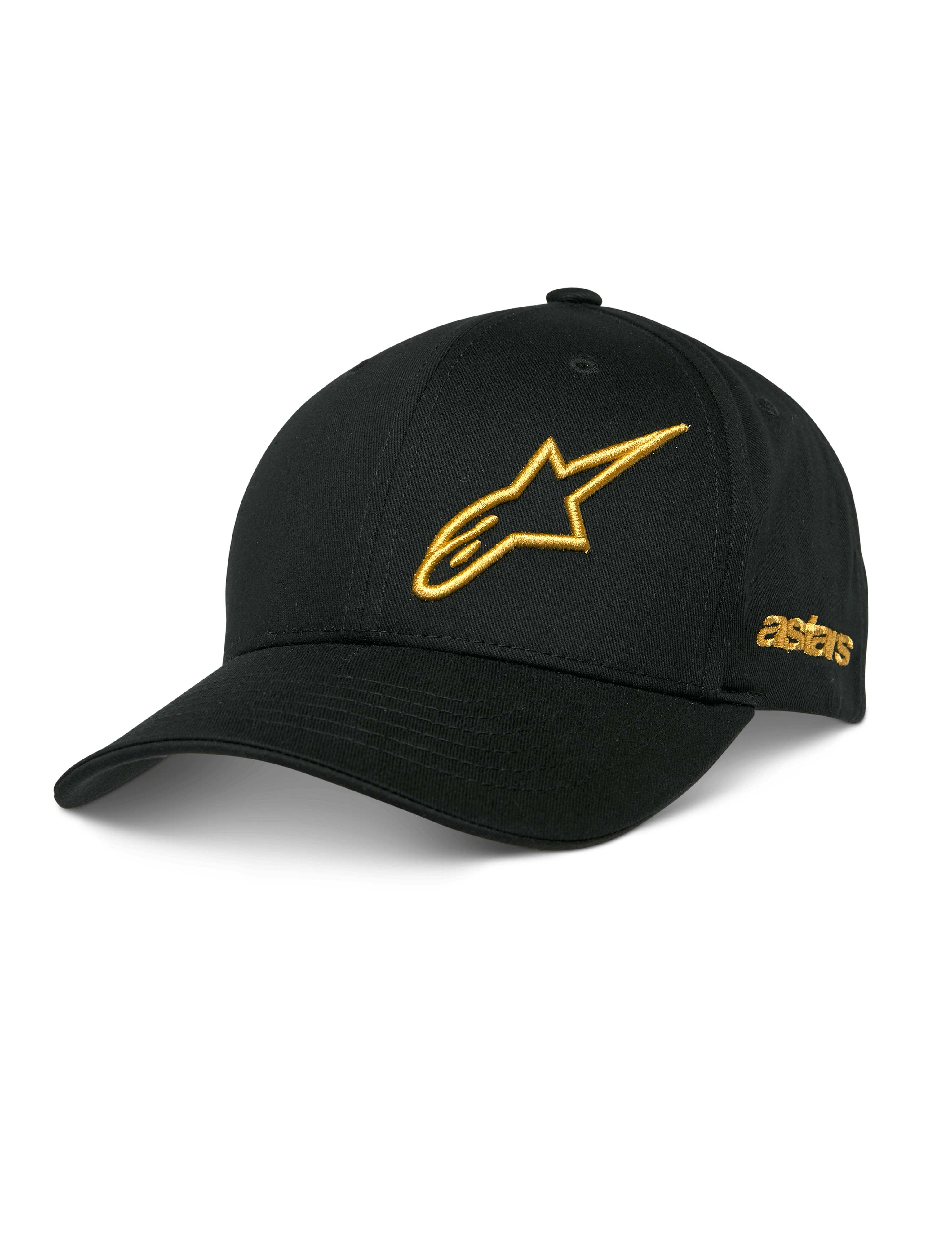 Alpinestars Sessionized Kappe, schwarze Baseball-Cap, goldenes 3D-besticktes Stern-Logo, gebogener Schirm, seitliche Astars-Stickerei, lässige Motorsport-Kopfbedeckung