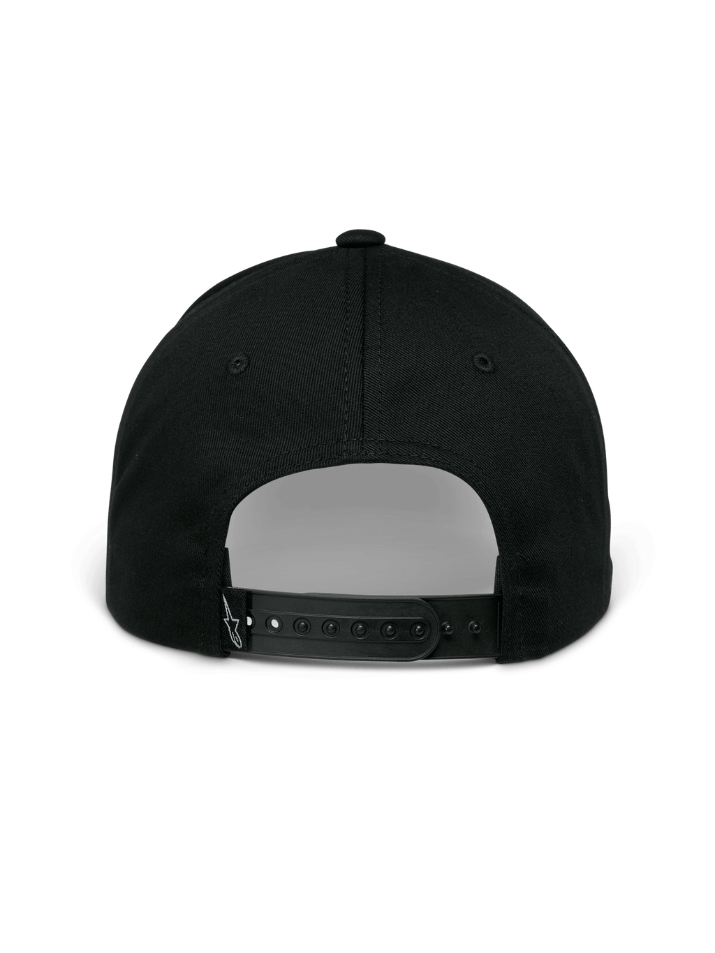 Casquette Alpinestars Profile, noire, vue arrière montrant la fermeture snapback réglable, la couronne structurée et le petit logo blanc brodé sur la sangle arrière, style sportswear décontracté.