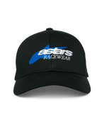 Casquette Alpinestars Profile, casquette de baseball noire, avec graphisme d'étoile bleue et logo « astars RACEWEAR » blanc brodé en 3D, couronne structurée et visière courbée, style motorsport décontracté