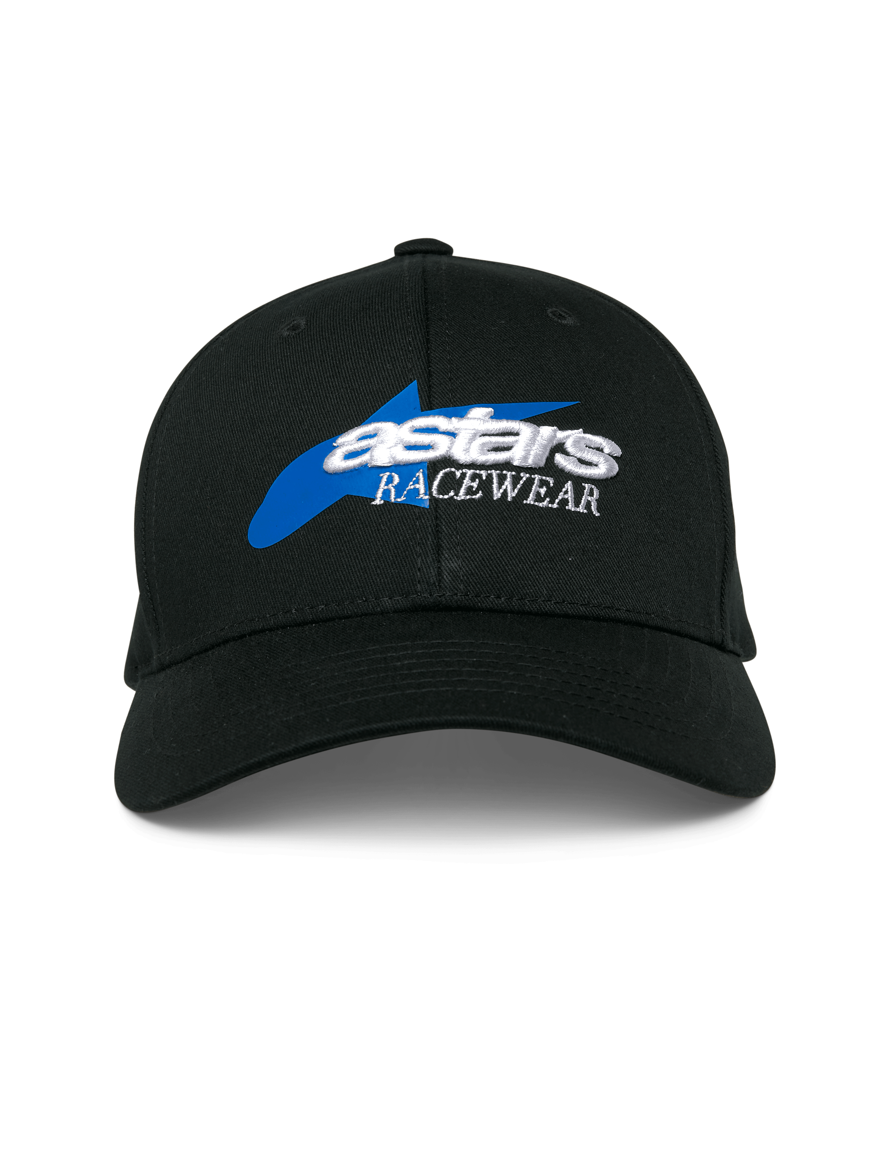 Casquette Alpinestars Profile, casquette de baseball noire, avec graphisme d'étoile bleue et logo « astars RACEWEAR » blanc brodé en 3D, couronne structurée et visière courbée, style motorsport décontracté