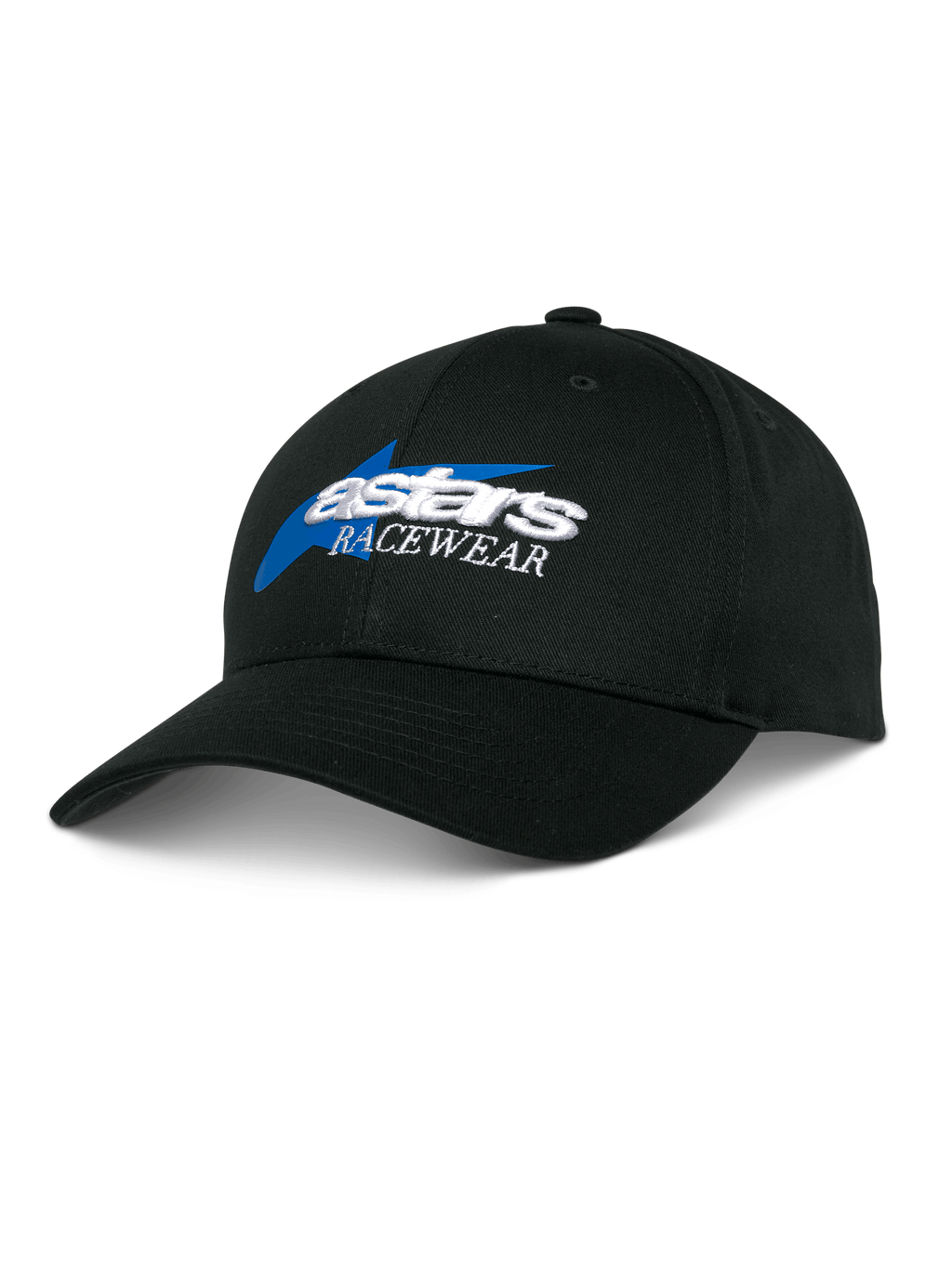 Alpinestars Profile Hat, casquette de baseball noire, broderie Astars Racewear bleue et blanche, couronne structurée avec visière courbée, couvre-chef décontracté pour sports mécaniques
