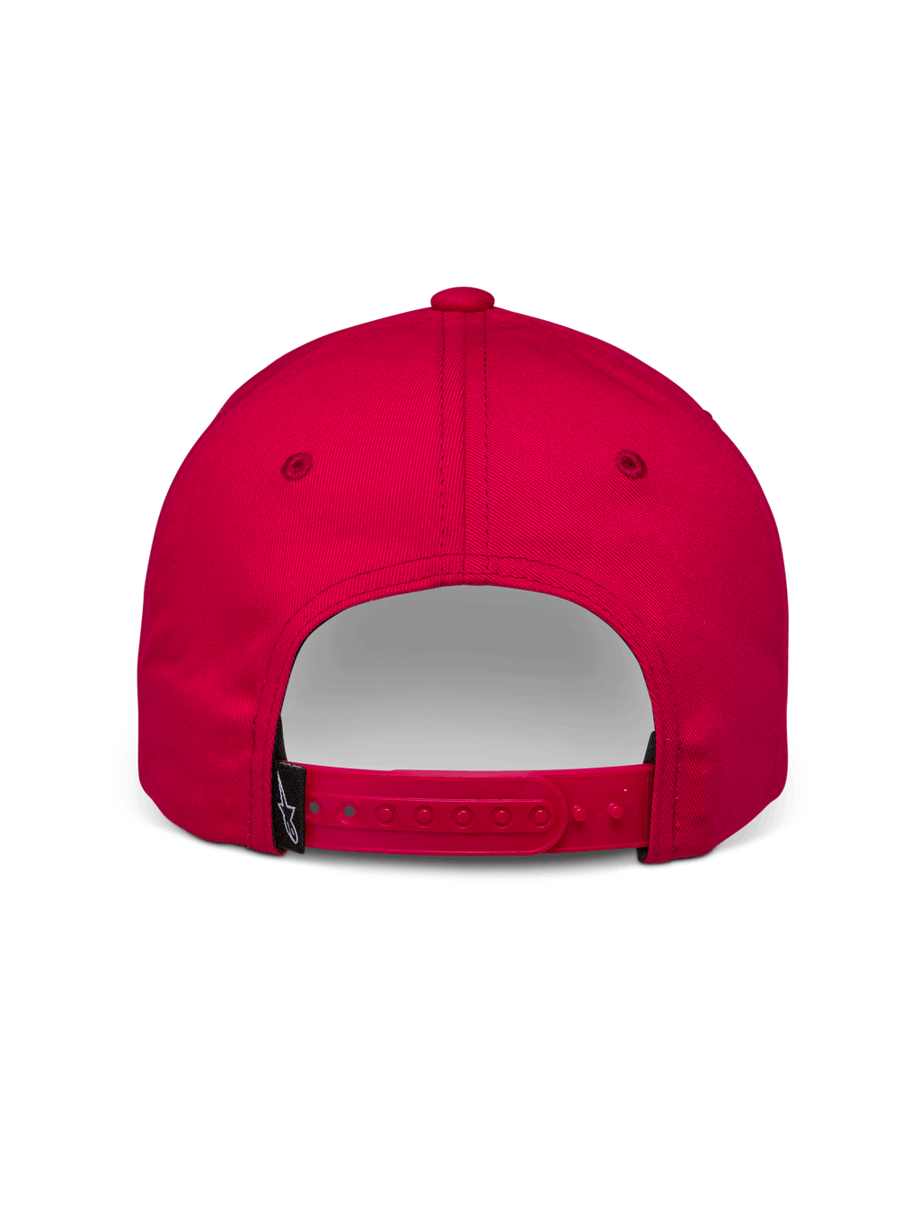 Alpinestars Profile pet, rode snapback cap, achteraanzicht met verstelbare sluiting en klein zwart Alpinestars-logolabel, katoen keperstof, casual motorsport accessoire