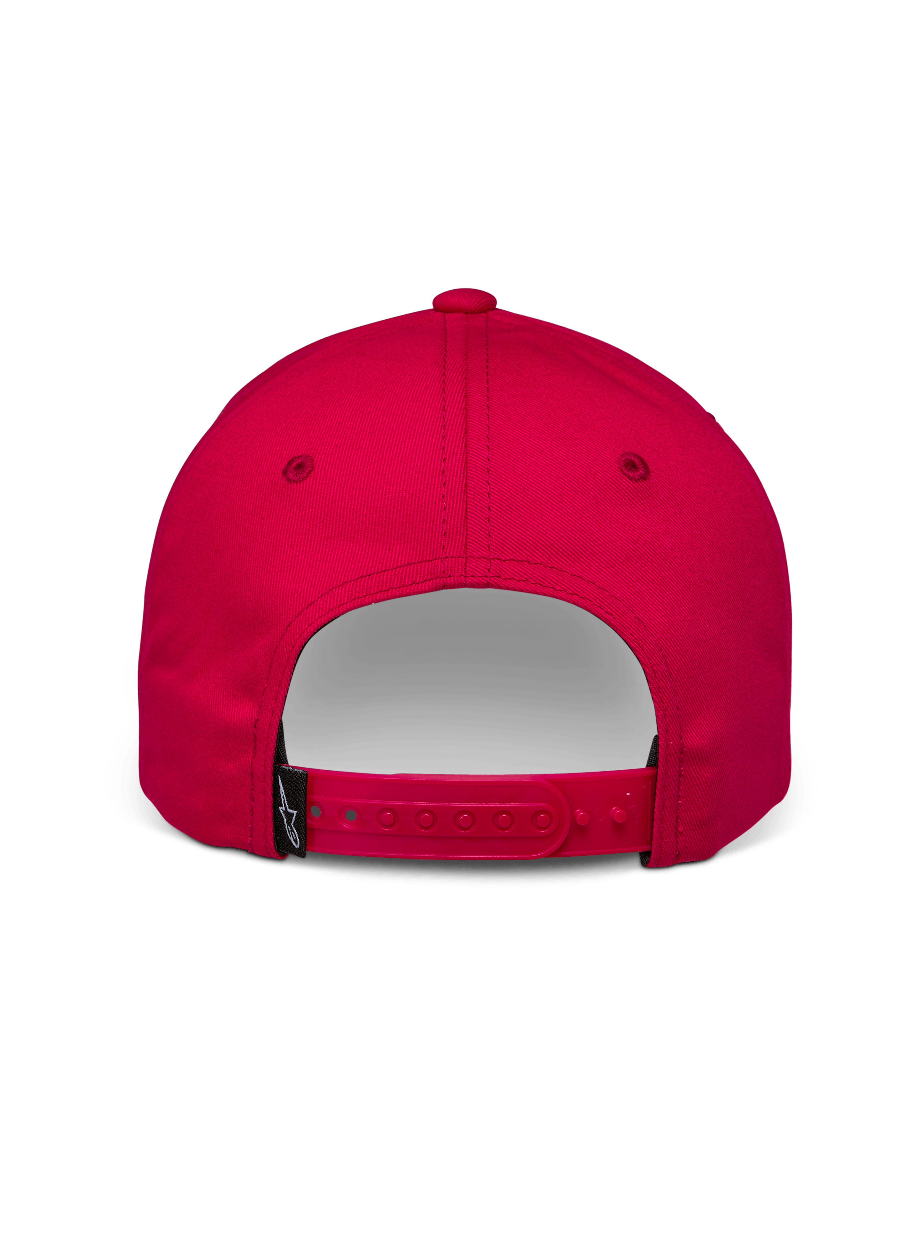 Alpinestars Profile pet, rode snapback cap, achteraanzicht met verstelbare sluiting en klein zwart Alpinestars-logolabel, katoen keperstof, casual motorsport accessoire