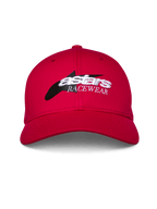 Alpinestars Profile pet, rood, snapback met gestructureerde kroon en gebogen klep, logo op de voorzijde met zwarte ster-graphic en wit 3D 'astars RACEWEAR' borduurwerk, casual motorsport lifestyle hoofdbedekking