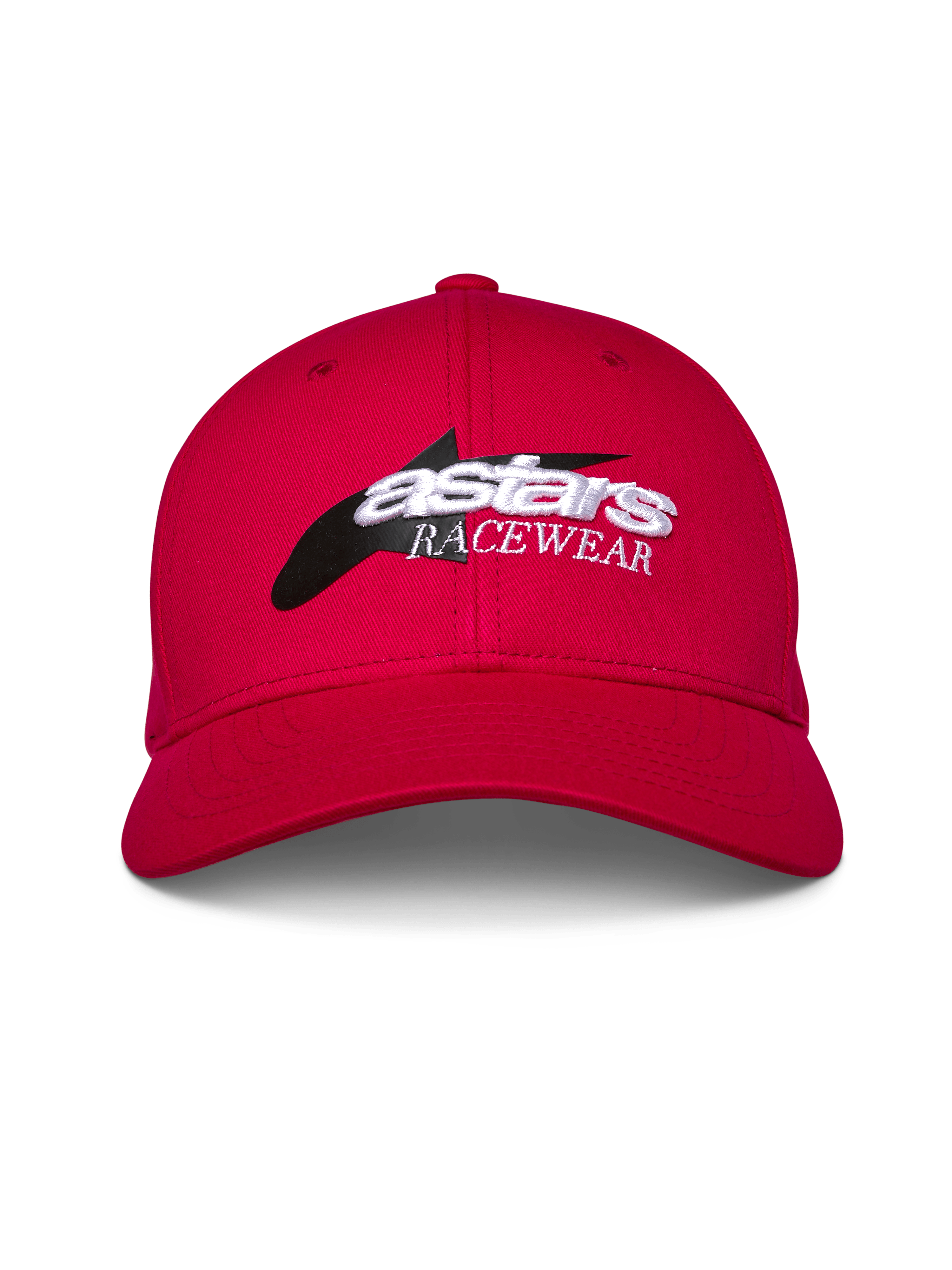 Alpinestars Profile pet, rood, snapback met gestructureerde kroon en gebogen klep, logo op de voorzijde met zwarte ster-graphic en wit 3D 'astars RACEWEAR' borduurwerk, casual motorsport lifestyle hoofdbedekking