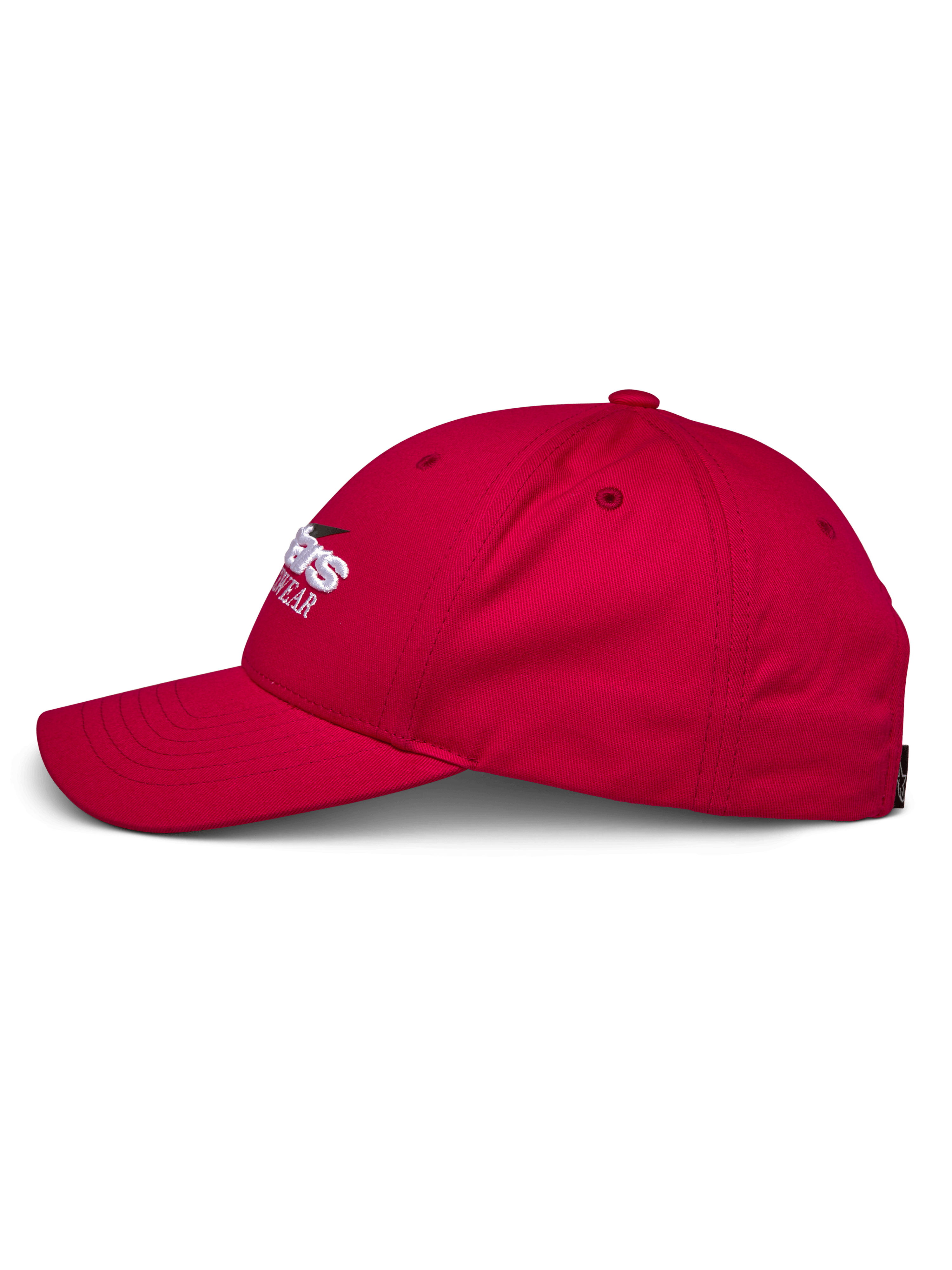 Alpinestars Profile Pet, rood zijprofiel, gestructureerde kroon met gebogen klep, 100% katoen keperstof, wit en zwart geborduurd logo, casual motorsport pet