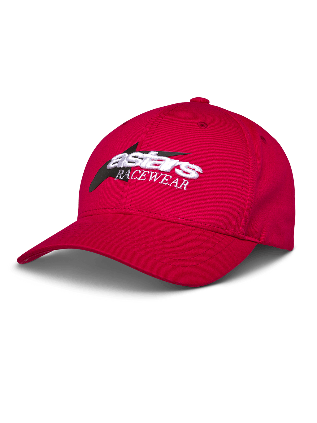 Alpinestars Profile Pet, rode baseballcap, wit en zwart geborduurd Astars RACEWEAR-logo, gebogen klep en gestructureerde kroon, casual motorsport streetwear