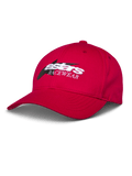 Alpinestars Profile Pet, rode baseballcap, wit en zwart geborduurd Astars RACEWEAR-logo, gebogen klep en gestructureerde kroon, casual motorsport streetwear