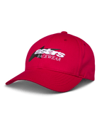 Alpinestars Profile Pet, rode baseballcap, wit en zwart geborduurd Astars RACEWEAR-logo, gebogen klep en gestructureerde kroon, casual motorsport streetwear