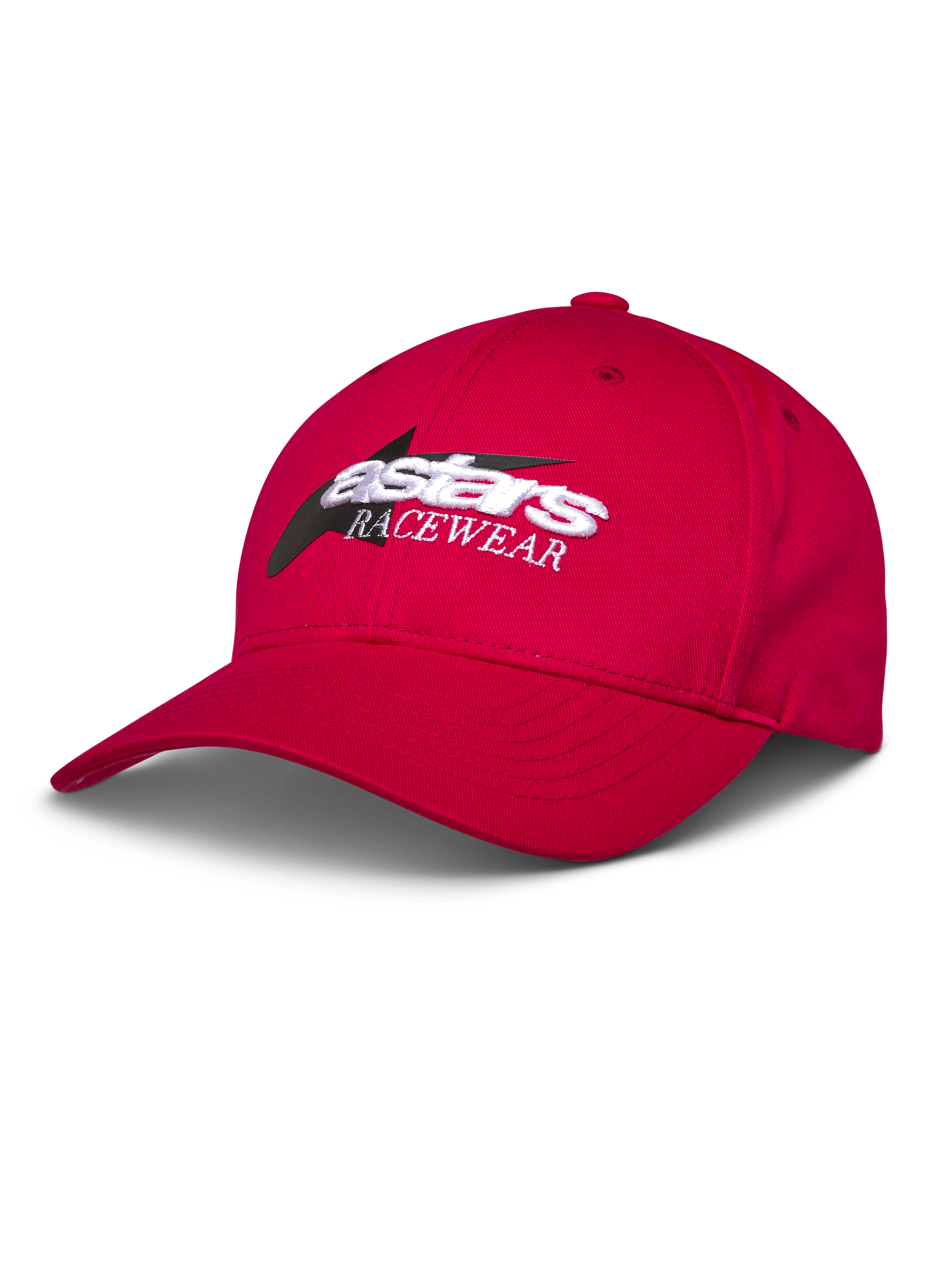 Alpinestars Profile Hat, rote Baseballkappe, weiß und schwarz gesticktes Astars RACEWEAR-Logo, gebogener Schirm und strukturierte Krone, lässige Motorsport-Streetwear