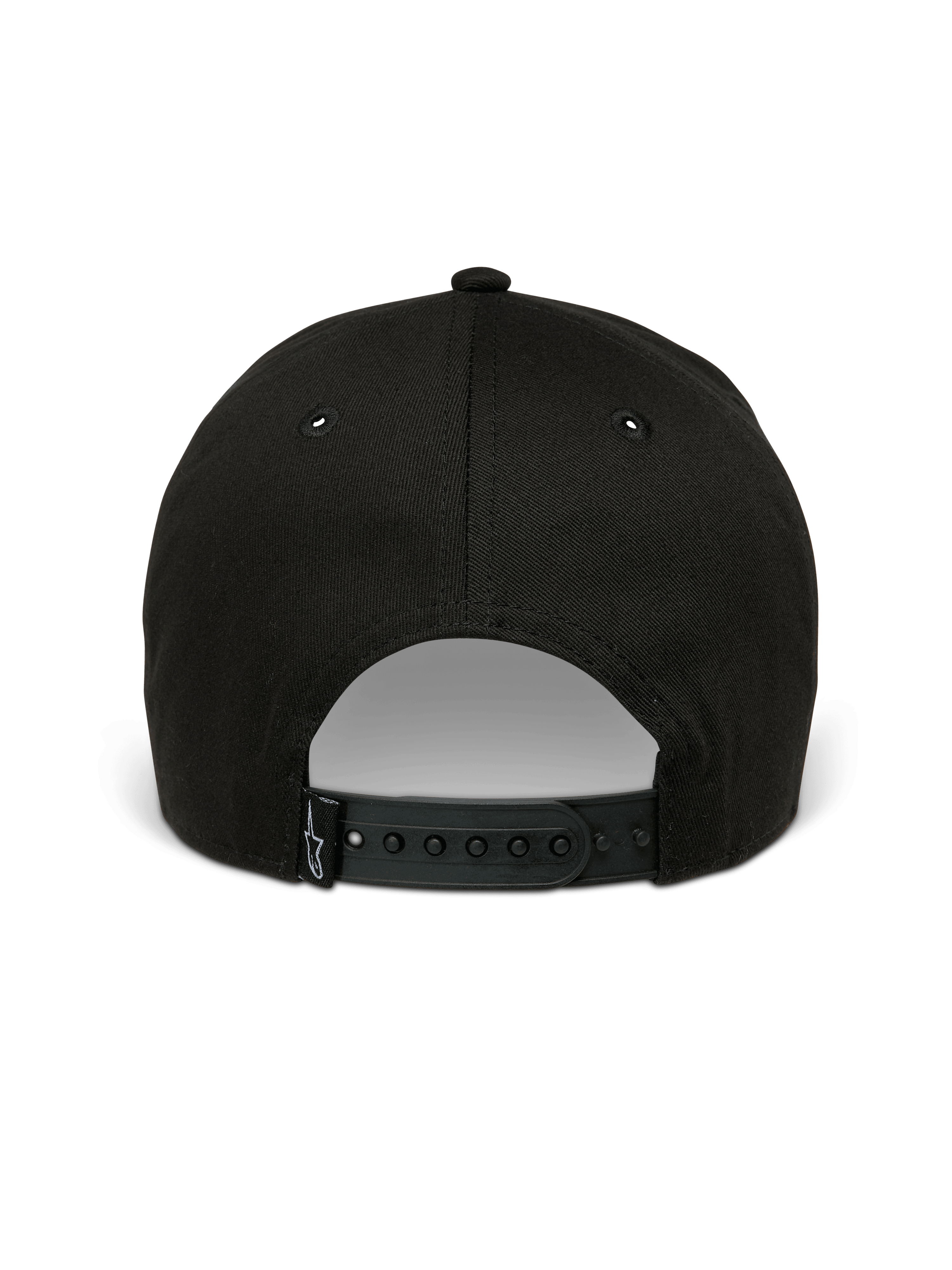 Alpinestars Metal Logo Pet, snapback pet, zwart, achteraanzicht met verstelbare snapback-sluiting en klein geweven logo-label, casual motorsport-geïnspireerde streetwear.