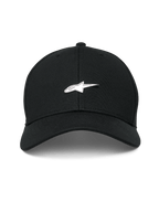 Alpinestars Metal Logo pet, zwart, gestructureerde baseballcap met gebogen klep, 3D gevormde metalen logobadge, mini pique stof, casual motorsport streetwear