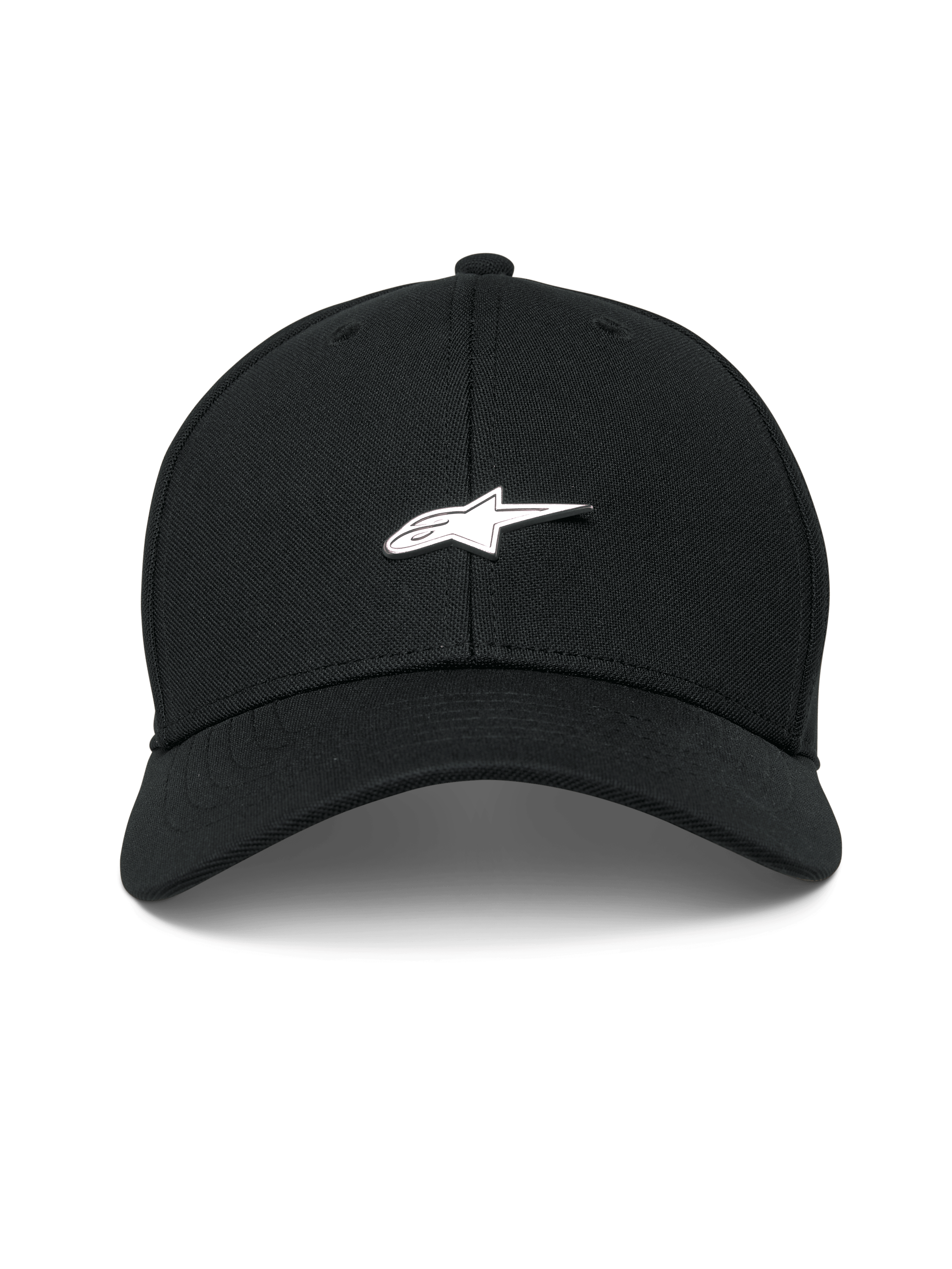 Alpinestars Metal Logo pet, zwart, gestructureerde baseballcap met gebogen klep, 3D gevormde metalen logobadge, mini pique stof, casual motorsport streetwear